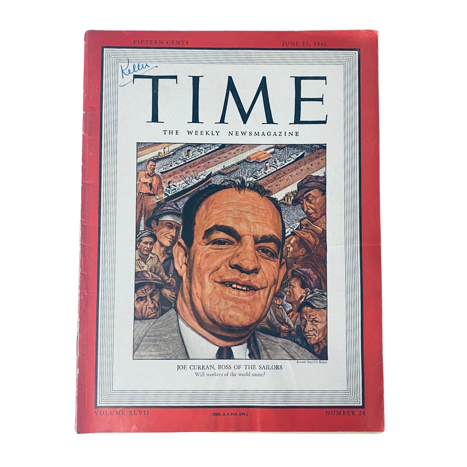 Time Magazine cover from June 17, 1946, featuring Joe Curran, Boss of the Sailors. The cover includes bold headlines and an artistic depiction of Curran, highlighting his influence in post-World War II labor reform.