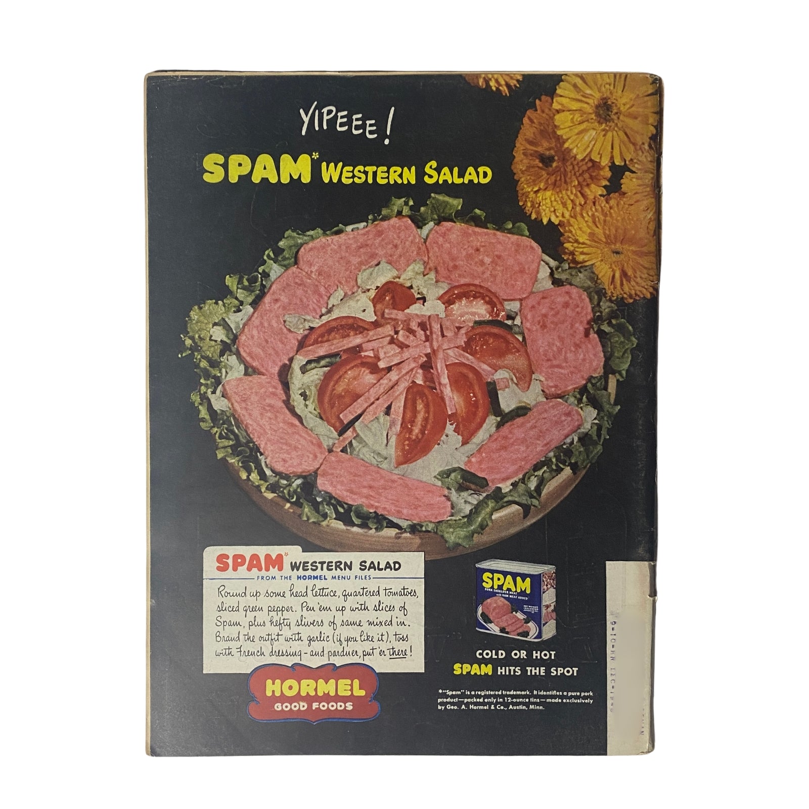 Vintage advertisement for Spam Western Salad featured in Time Magazine July 8, 1946, Vol 48 No. 2, emphasizing the use of Spam in a colorful salad dish with the tagline 'Yipeee!'.