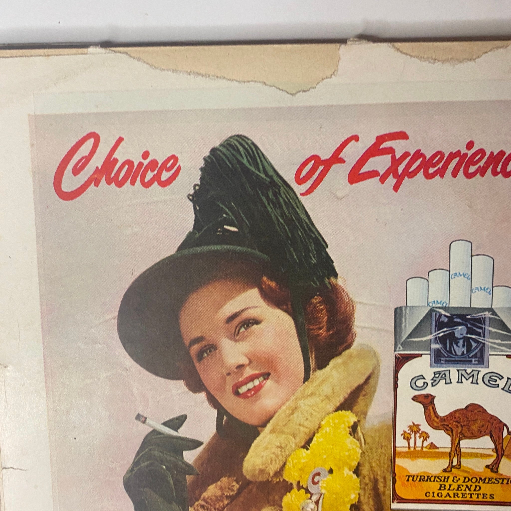 Close-up of Camel cigarette advertisement showcasing a stylish woman smiling while holding a cigarette, adorned with a feathered hat and floral accessories. Title referenced: Time Magazine November 8, 1948 J. Robert Oppenheimer.