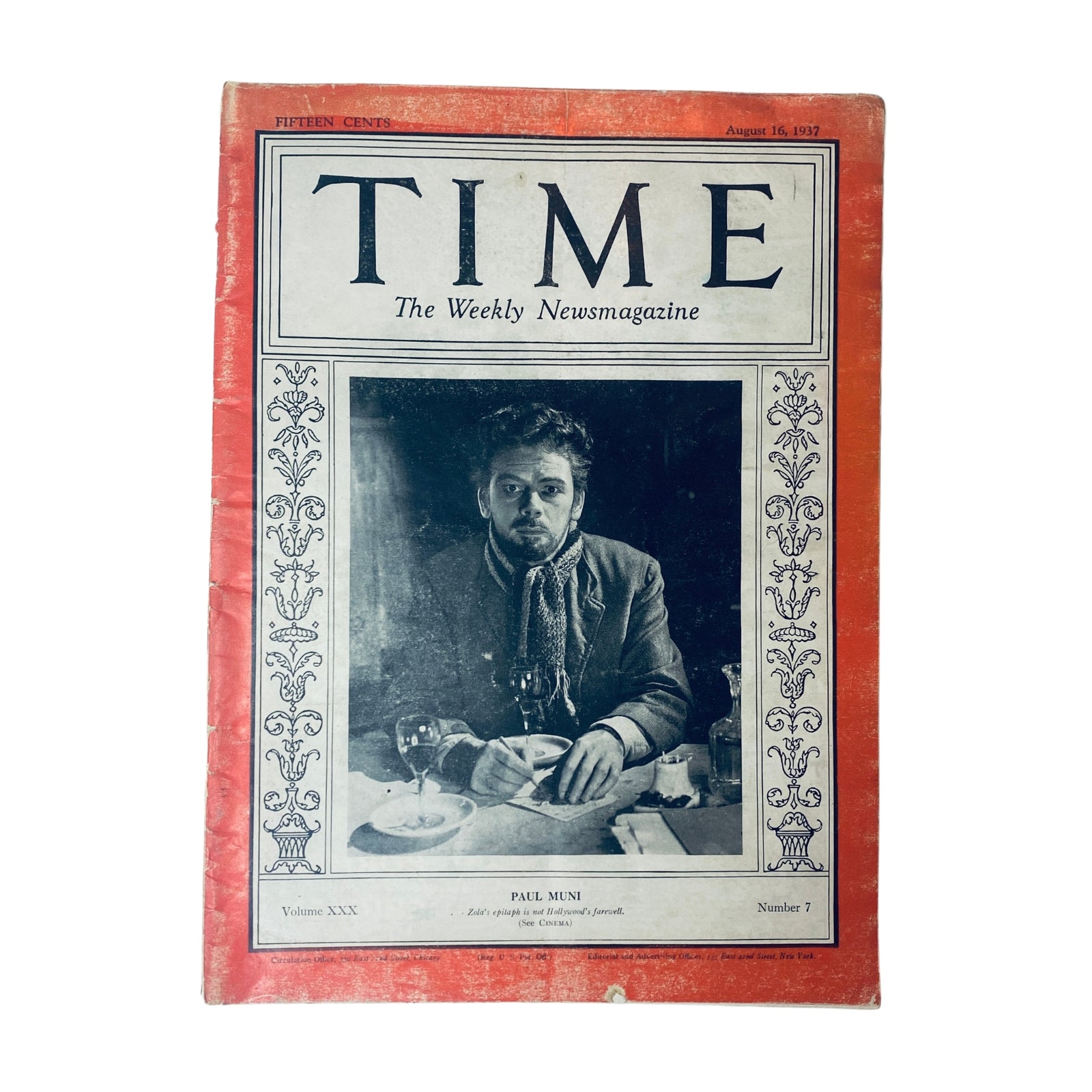 Time Magazine August 16, 1937 Vol 30 No. 7 featuring Paul Muni on the cover, showcasing a vintage photograph of the actor in a casual pose at a table.