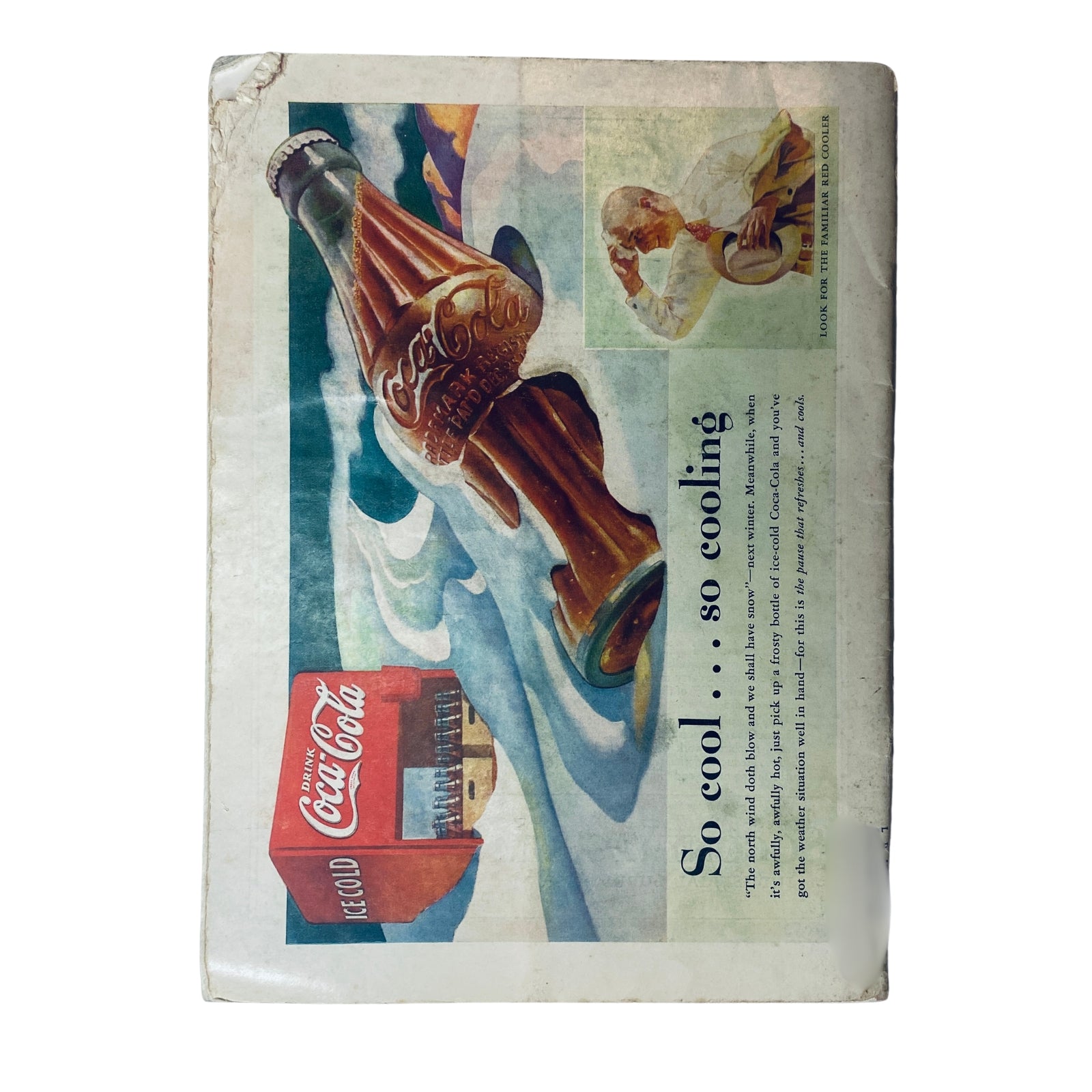 Back cover of Time Magazine August 16, 1937 Vol 30 No. 7 highlighting a vintage Coca-Cola advertisement with a glass bottle and refreshing imagery.
