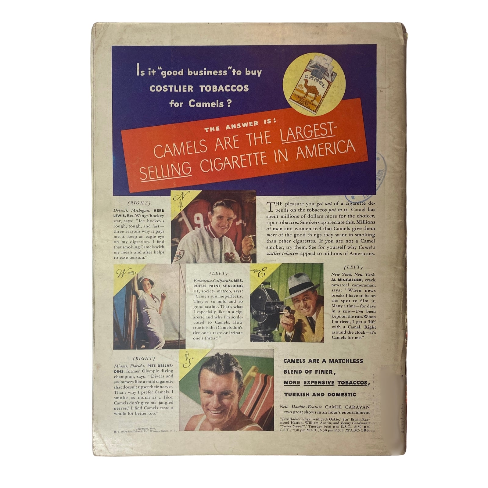 Back cover of Time Magazine, November 22, 1937, Vol 30 No. 21, with an advertisement for Camels cigarettes, illustrating various characters and promoting their tobacco.