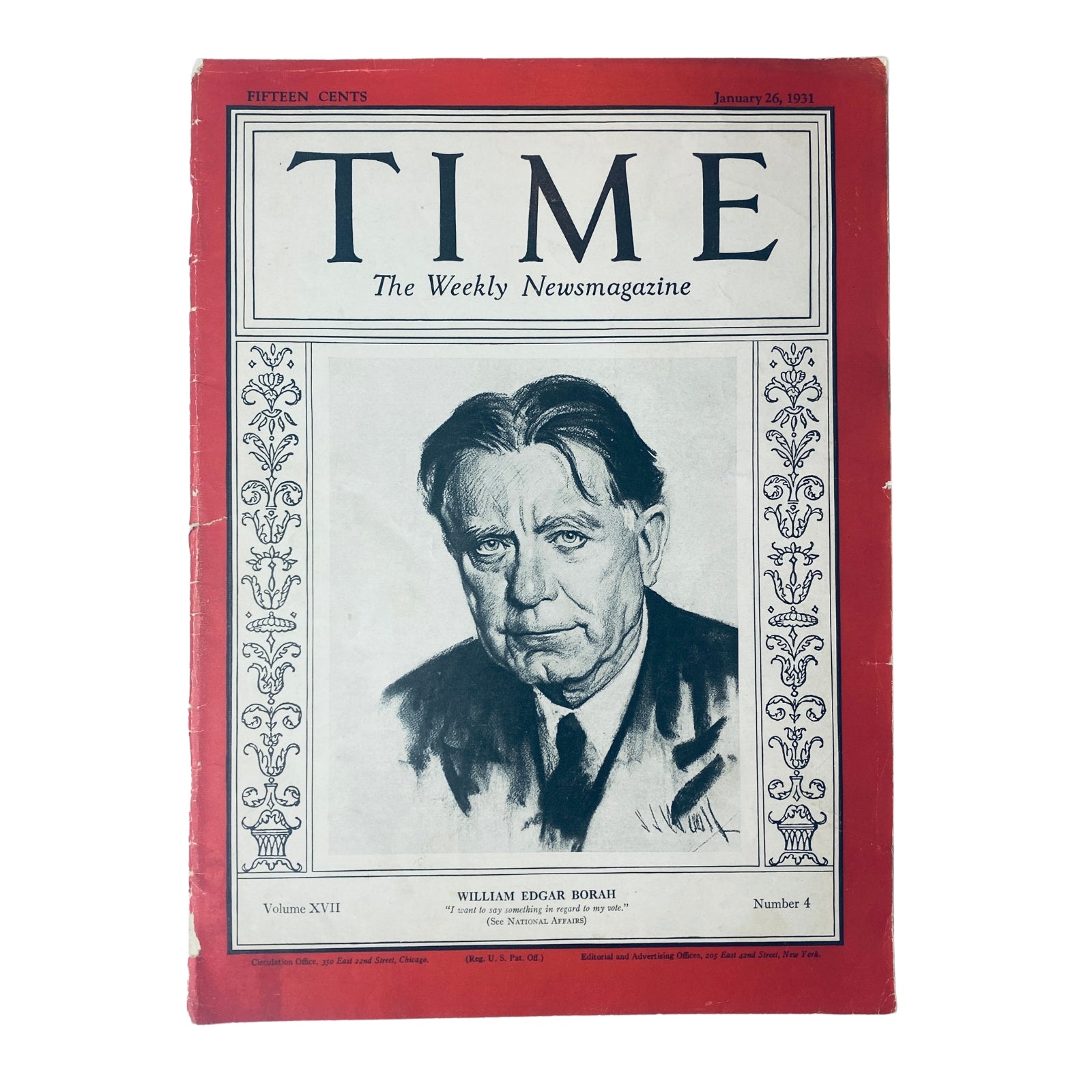 Cover of Time Magazine from January 26, 1931, Volume 17, Number 4 featuring U.S. Senator William Edgar Borah, known as the 'Lion of Idaho,' depicted in a vintage style.