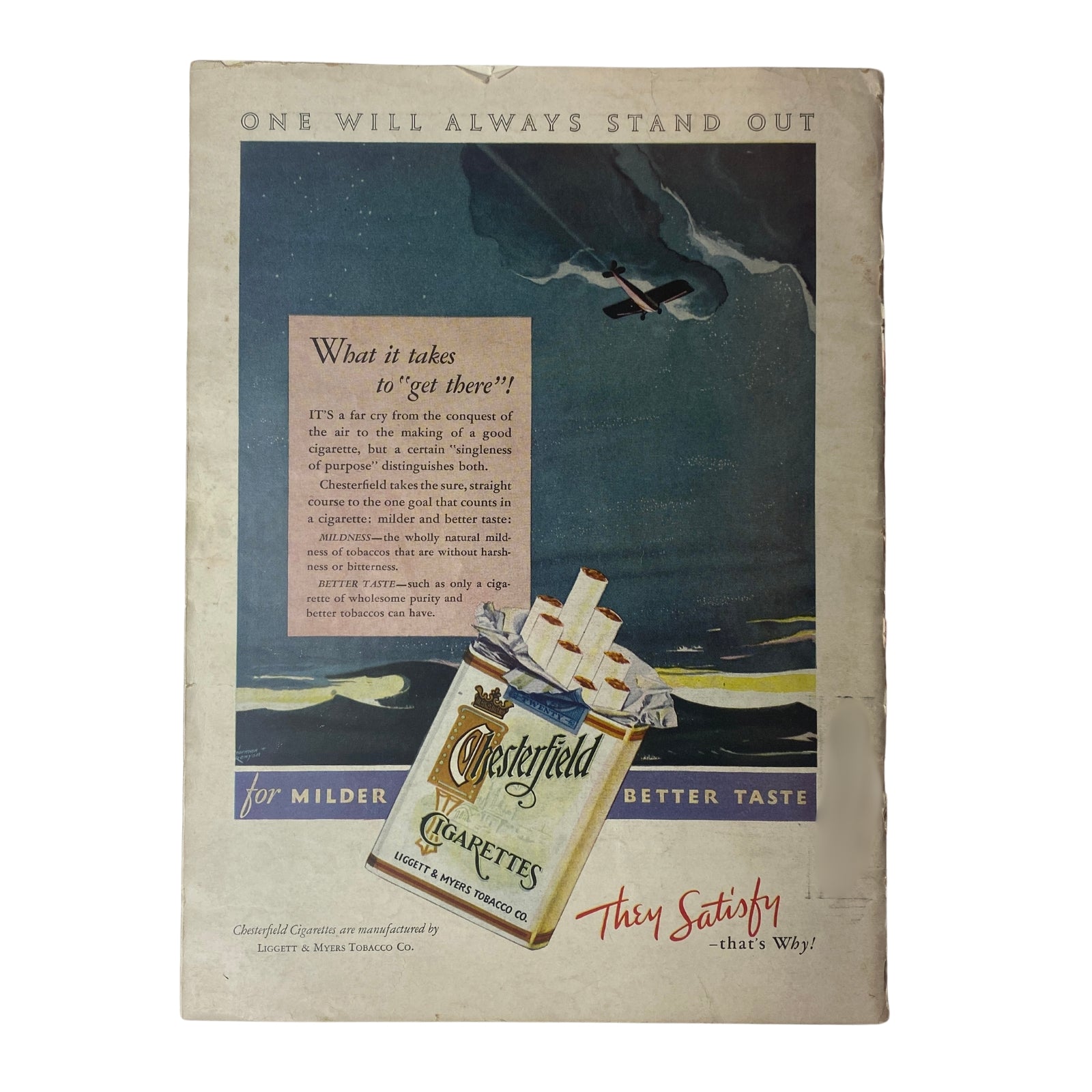 Back cover of Time Magazine from January 26, 1931, showcasing an advertisement for Chesterfield Cigarettes with an artistic illustration of an airplane in the sky.