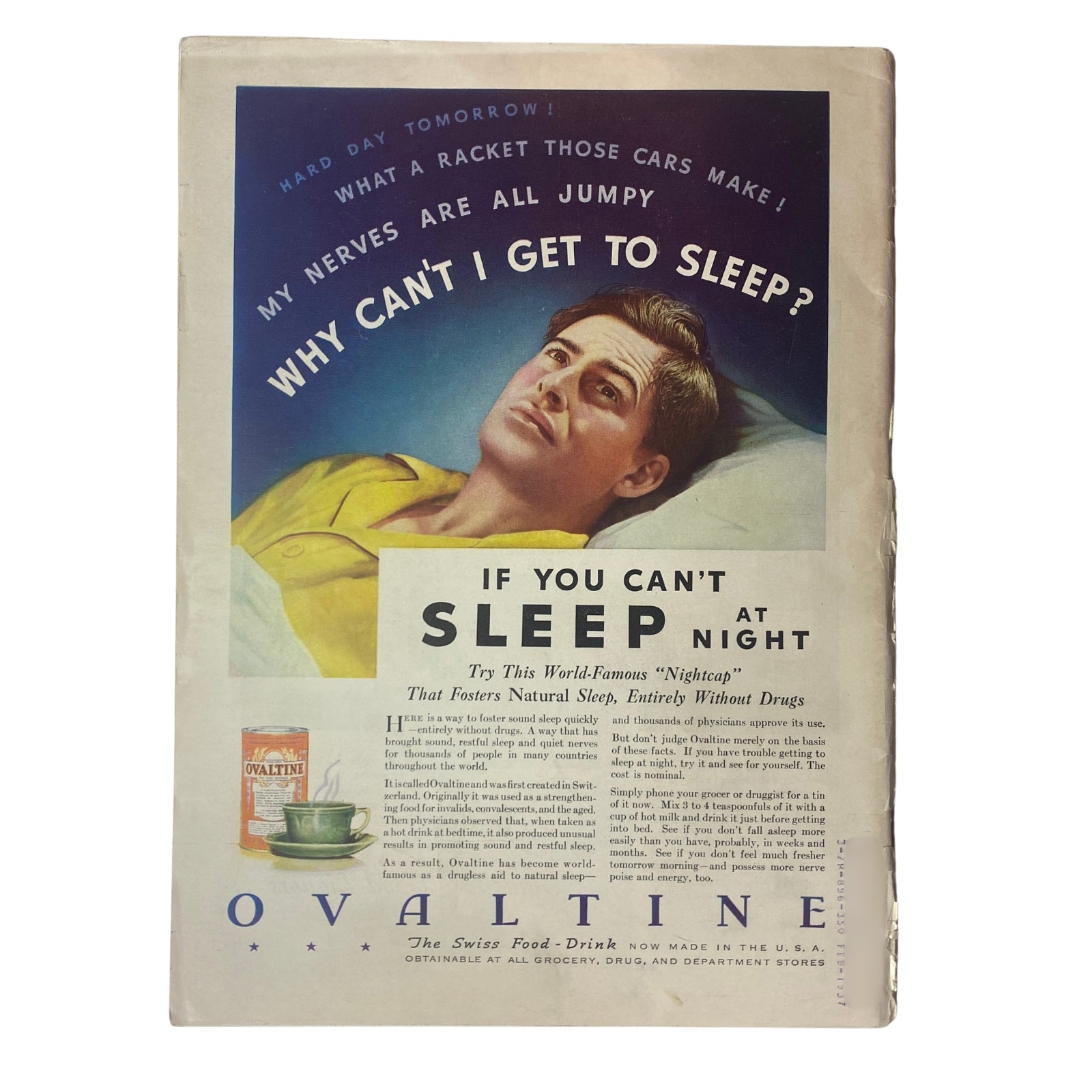 Back cover of Time Magazine October 12, 1936, Vol 28 No. 15 featuring an advertisement for Ovaltine, highlighting a man in bed struggling to sleep with a promotional message.