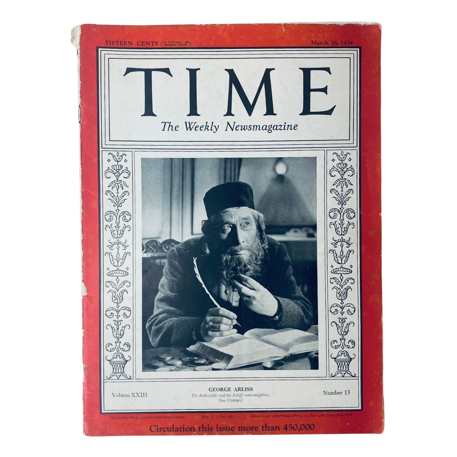 Vintage Time Magazine cover from March 26, 1934, Vol. 23 No. 13 featuring George Arliss, the distinguished British actor known for his historical portrayals.