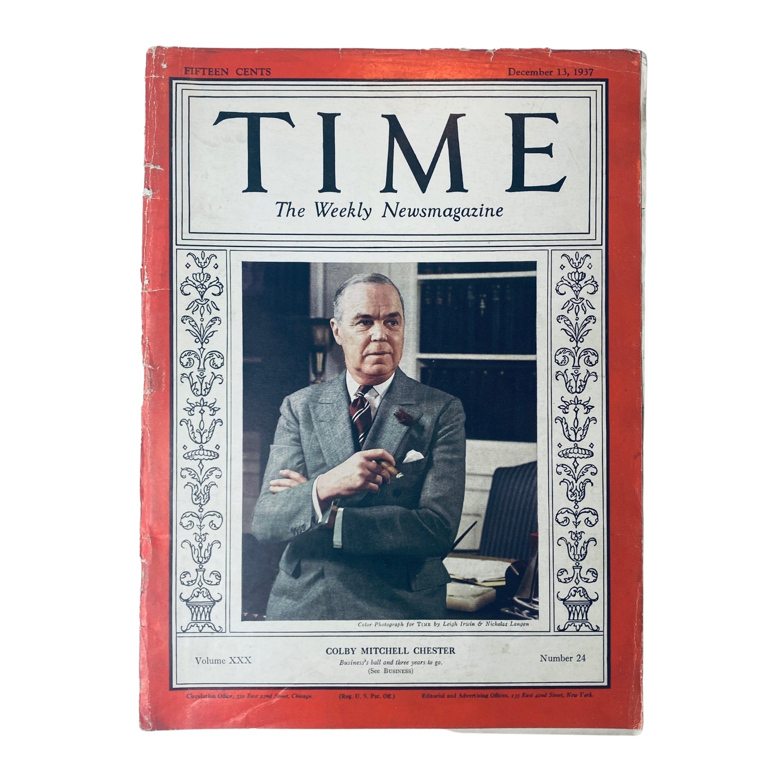 Time Magazine December 13, 1937 Vol 30 No. 24 featuring Colby Mitchell Chester on the cover, showcasing his influence in U.S. naval history and industry.