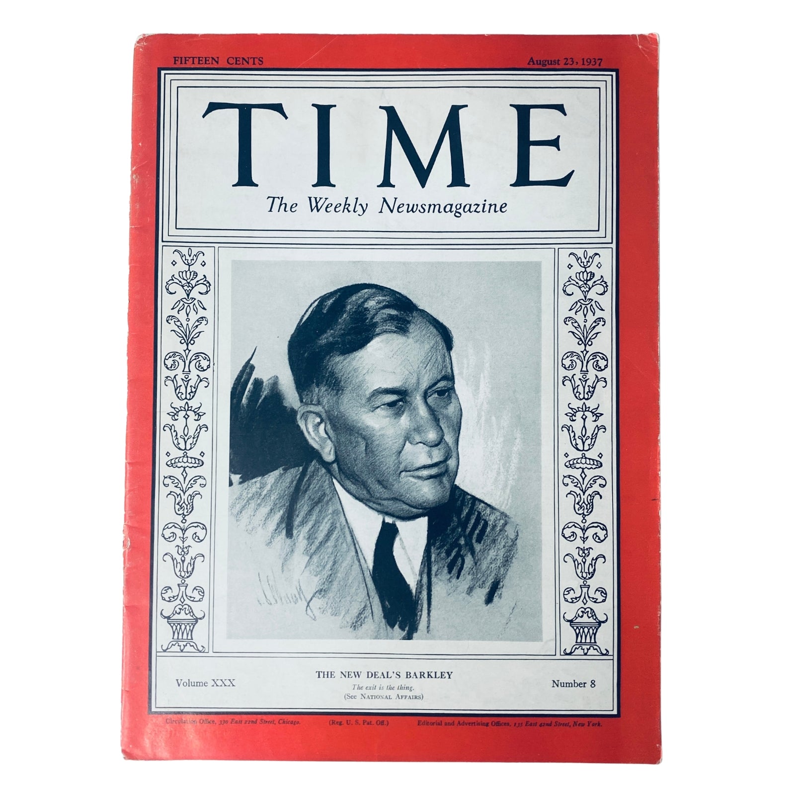 Cover of Time Magazine, August 23, 1937, Volume 30 No. 8, featuring 'The New Deal's Barkley' with a portrait of Alben W. Barkley, highlighting his role during the New Deal era.