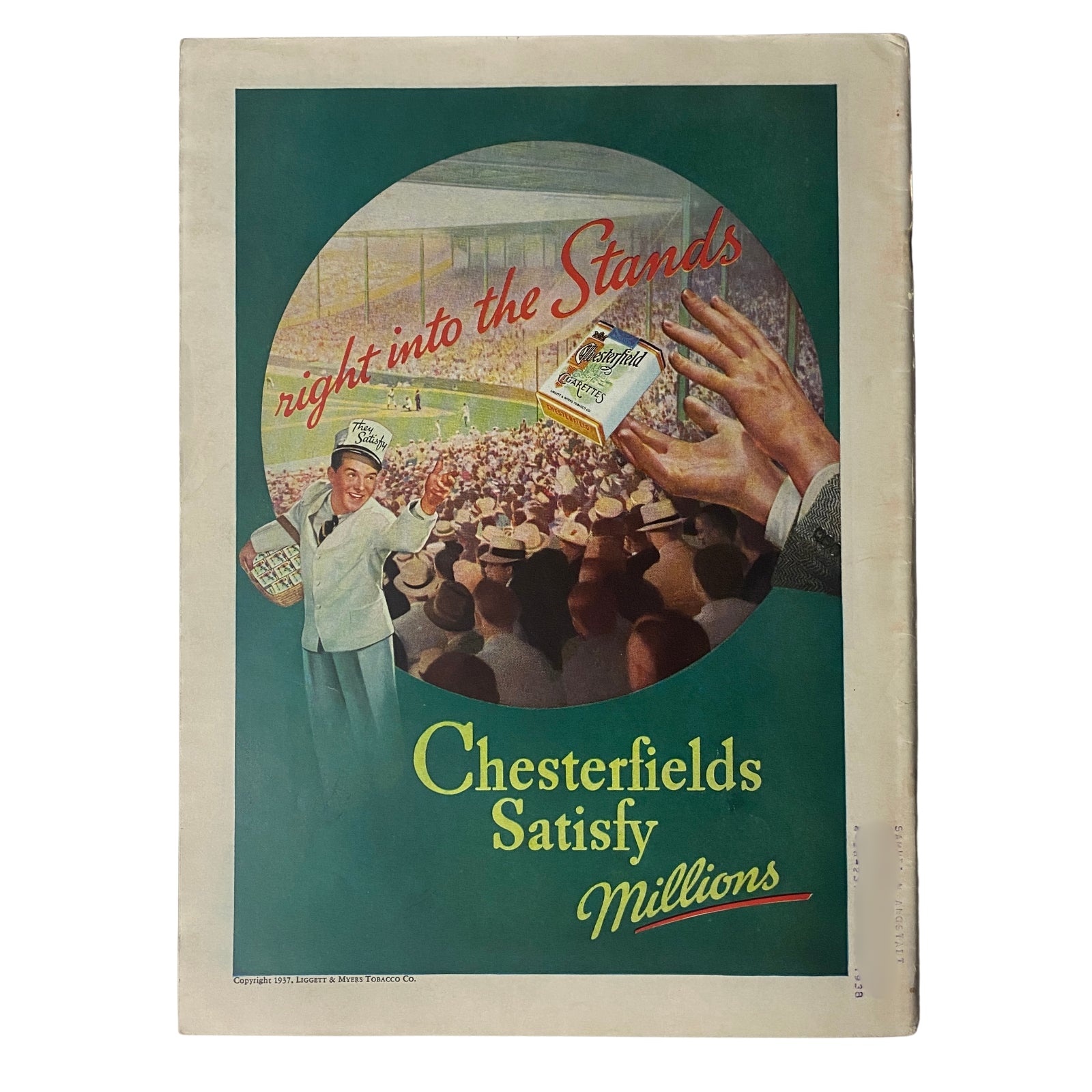 Cover of Time Magazine dated August 23, 1937, Vol. 30 No. 8 featuring the advertisement 'Chesterfields Satisfy Millions' with a baseball scene and a vendor promoting cigarettes.