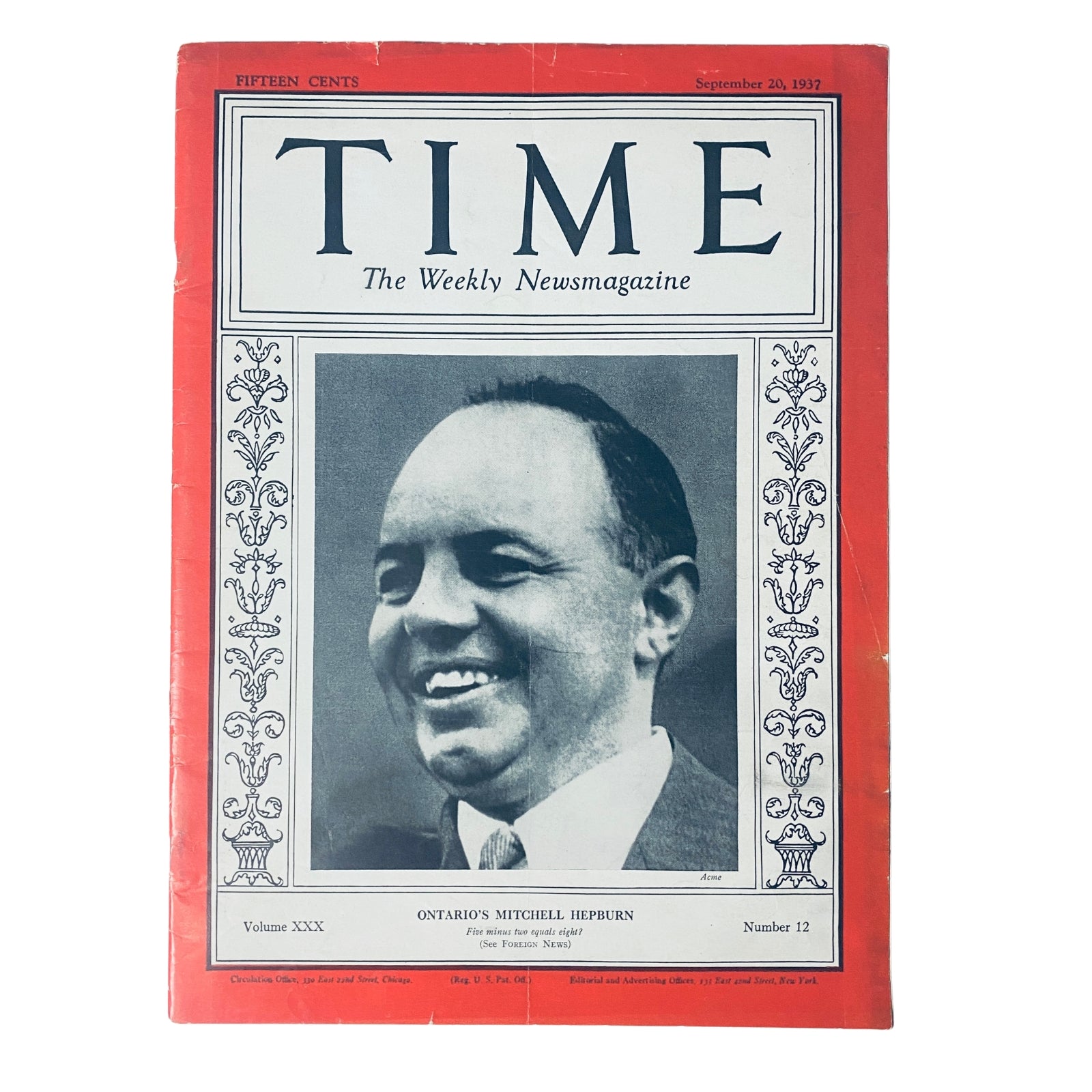 Time Magazine cover from September 20, 1937, featuring Ontario's Mitchell Hepburn as Premier. Volume 30, Number 12 highlights Hepburn's impactful leadership in Canadian politics.