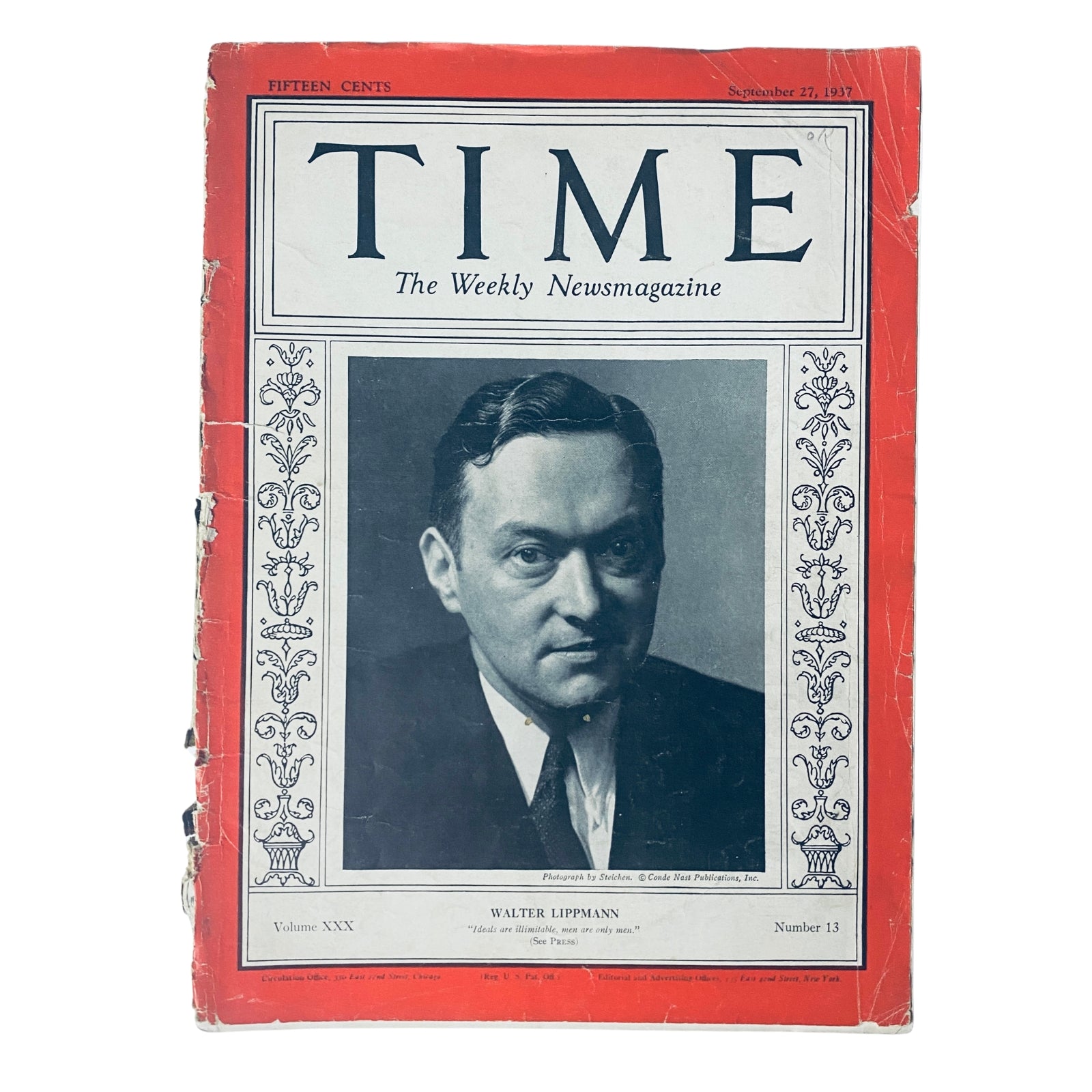 Cover of Time Magazine September 27, 1937, Vol 30 No. 13 featuring Walter Lippmann, a notable journalist, with a portrait photograph on a red background.