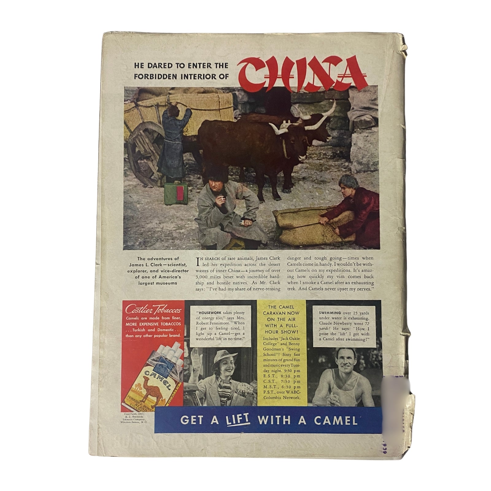 Back cover of Time Magazine September 27, 1937, depicting an adventurous journey into China, along with advertisements for Camel cigarettes and an outdoor promotional event.
