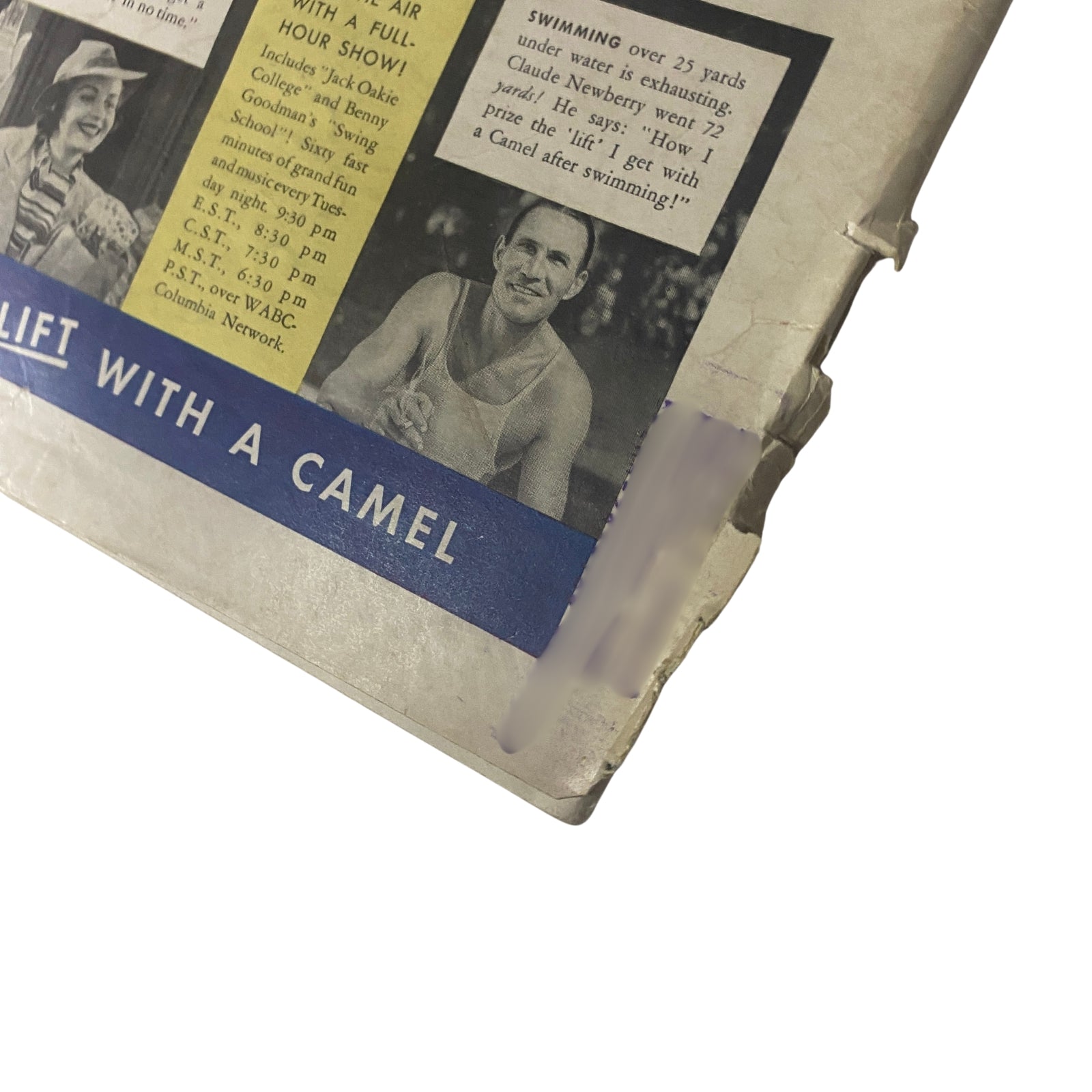 Back cover of Time Magazine September 27, 1937 Vol. 30 No. 13 featuring advertisement with a swimmer and promotional content for a Camel cigarette campaign.
