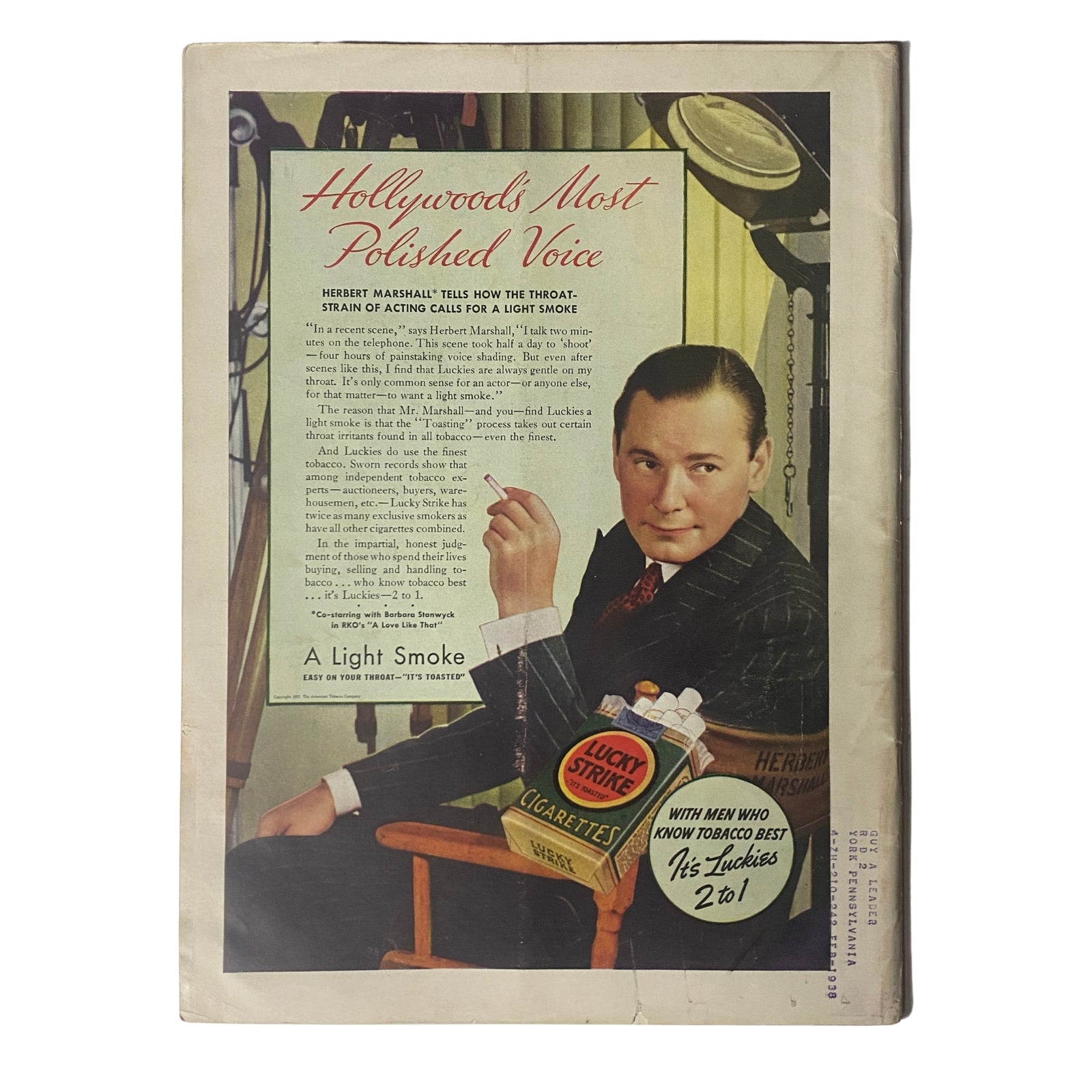 Back cover advertisement of a vintage Time Magazine from October 4, 1937, featuring Herbert Marshall promoting Lucky Strike cigarettes.