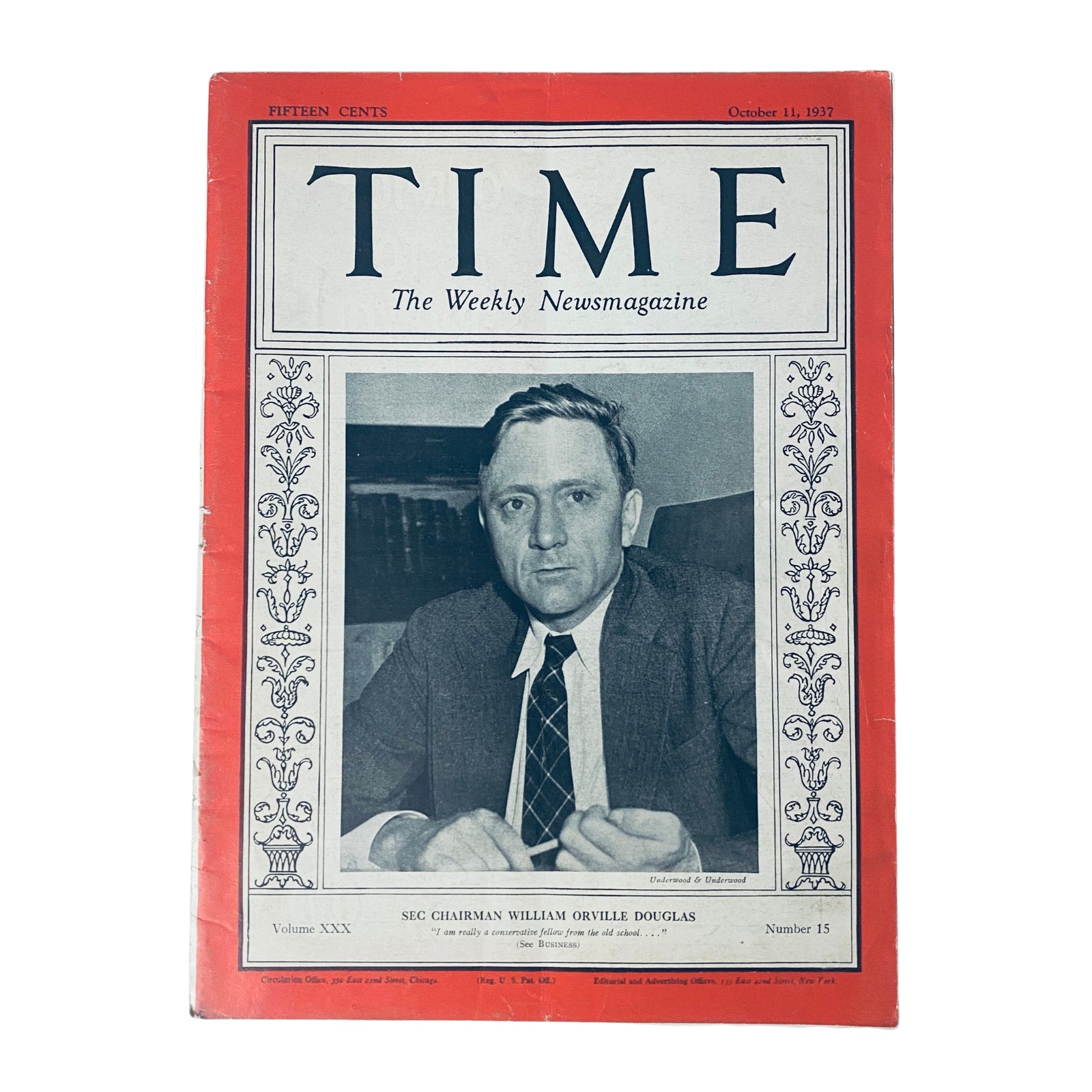 Cover of Time Magazine dated October 11, 1937, featuring U.S. Supreme Court Justice William Orville Douglas. The magazine is labeled Volume 30, Number 15 and depicts Douglas in formal attire.