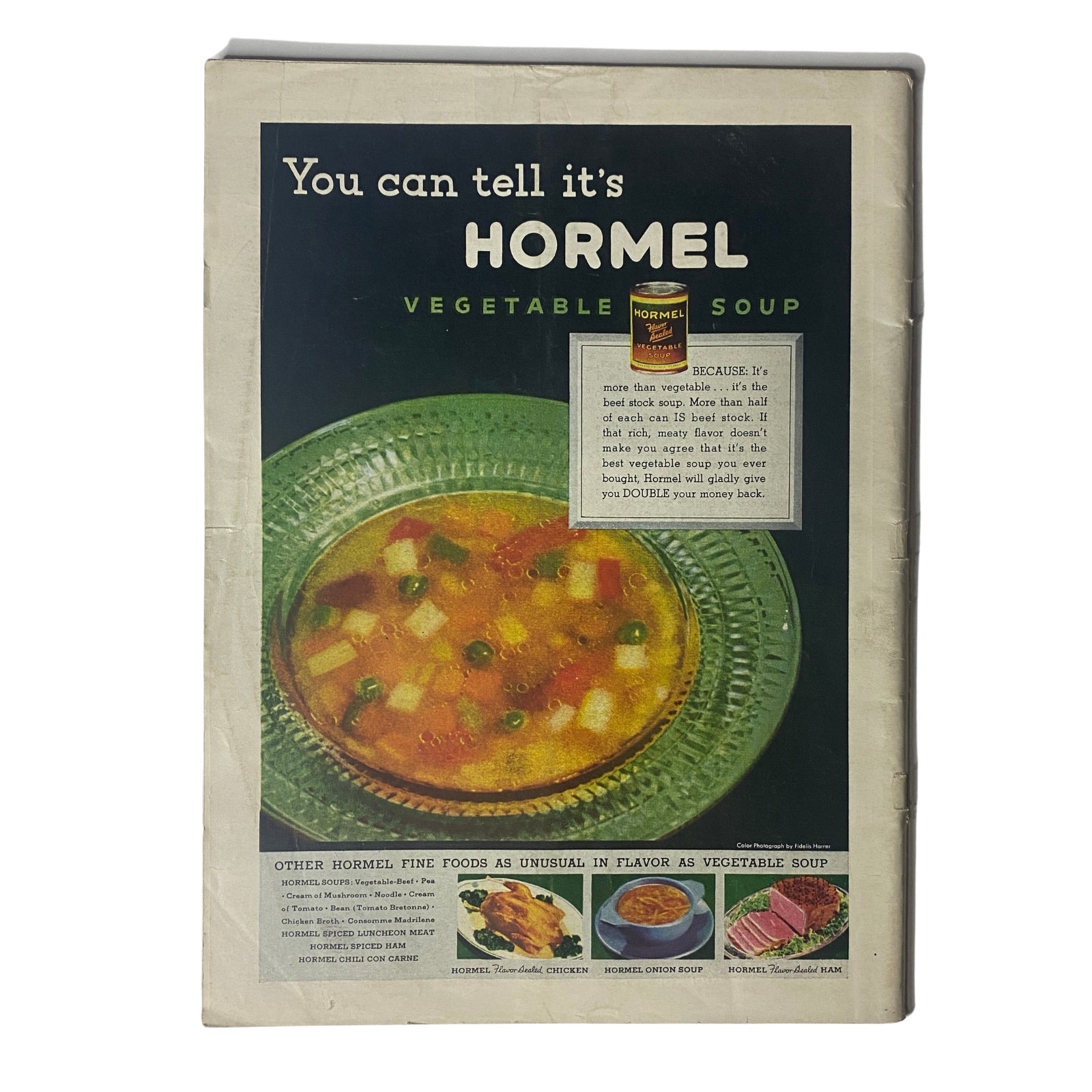 Back cover of the Time Magazine dated October 11, 1937 with a vintage advertisement for Hormel Vegetable Soup, showcasing a bowl of soup with colorful vegetables and an offer for satisfaction guarantee.