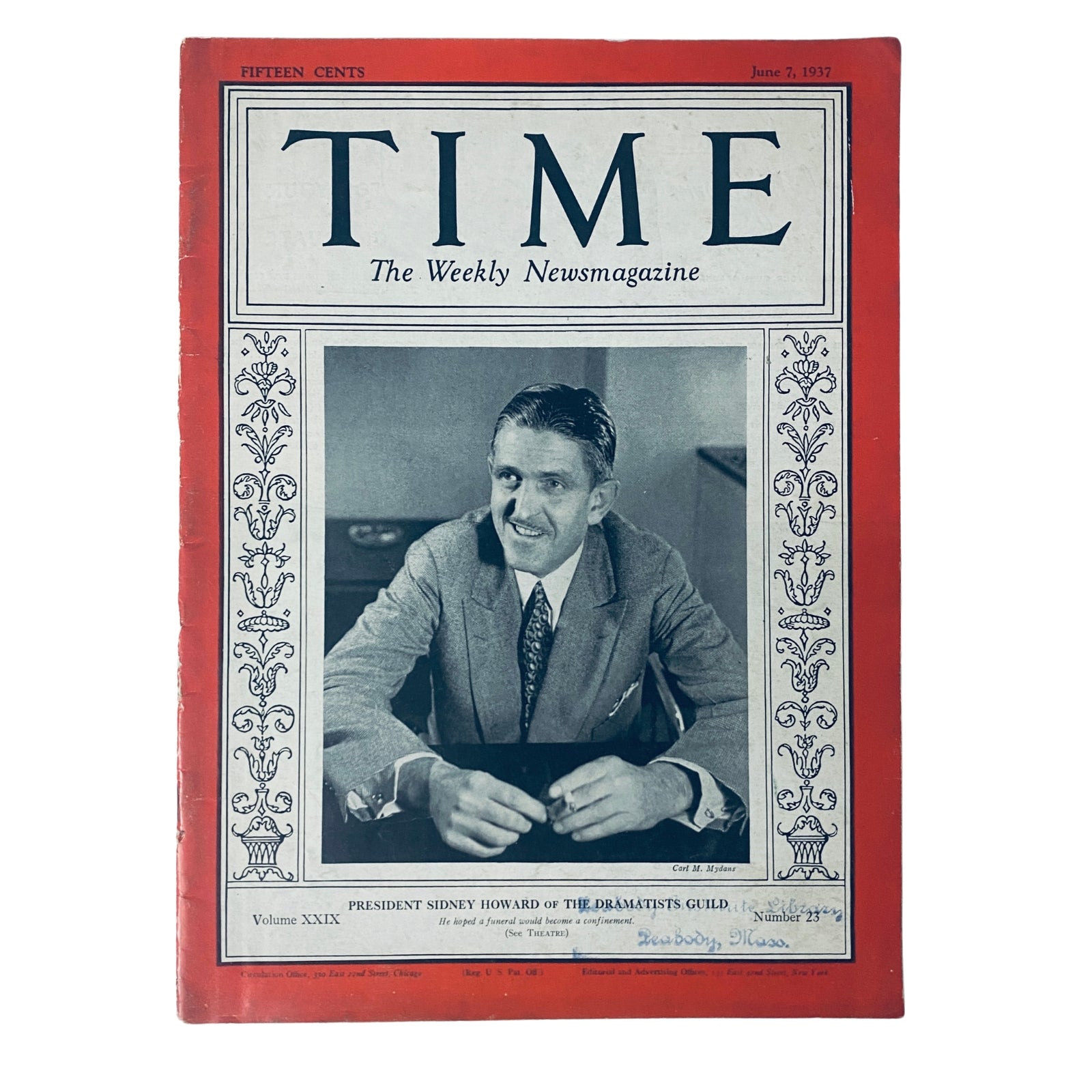 Cover of Time Magazine June 7, 1937 Vol 29 No. 23 featuring Sidney Howard, President of The Dramatists Guild, showcasing his portrait in a suit with a tie.