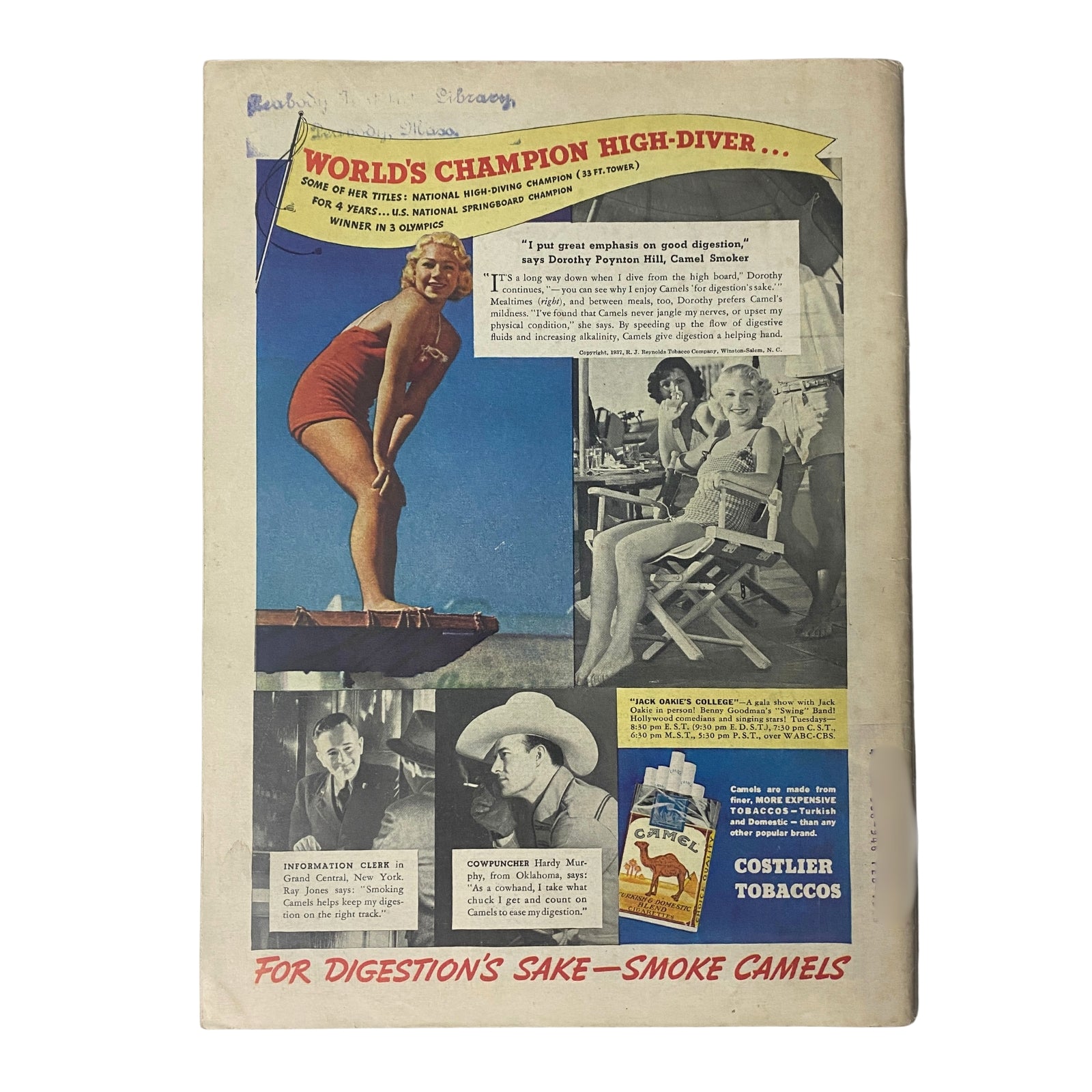 Back cover of Time Magazine June 7, 1937 Vol 29 No. 23 featuring an advertisement for Camel cigarettes with a photo of Dorothy Poynter Hill, the World's Champion High-Diver, promoting health and good digestion.