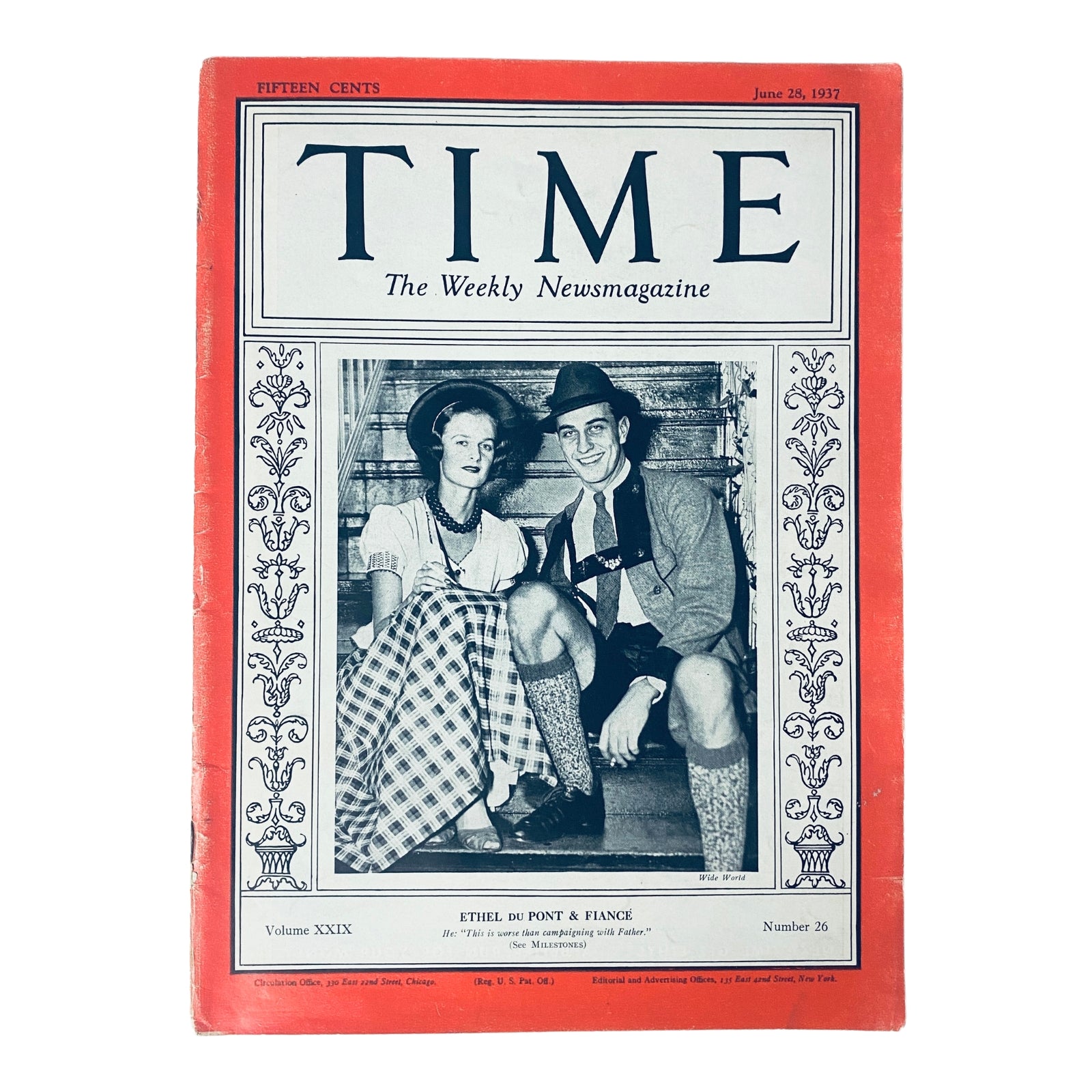 Time Magazine cover from June 28, 1937, featuring Ethel Du Pont and her fiancé, showcasing American high society in the 1930s with a striking red background.