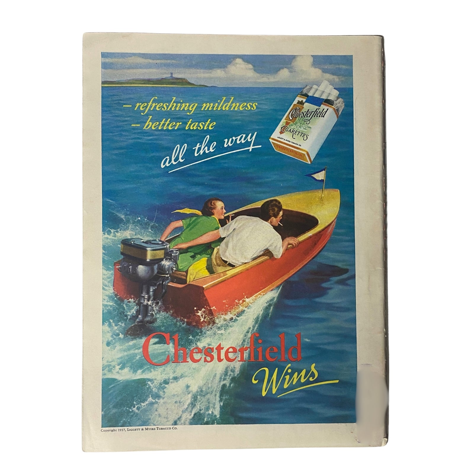 Chesterfield Wins advertisement featuring a colorful illustration of a couple in a boat enjoying a refreshing day on the water, promoting the cigarette brand, from Time Magazine June 28, 1937, Vol 29 No. 26.