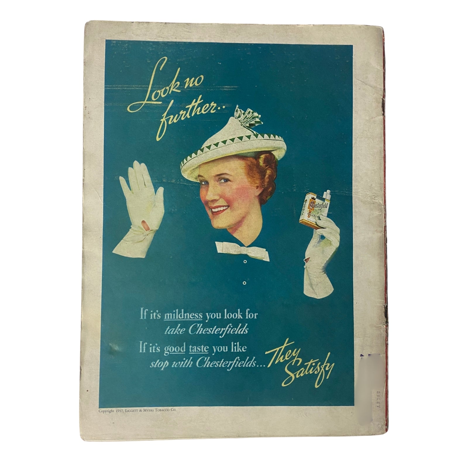 Back cover of Time Magazine from July 26, 1937, displaying an advertisement for Chesterfield cigarettes with a smiling woman in a stylish hat.