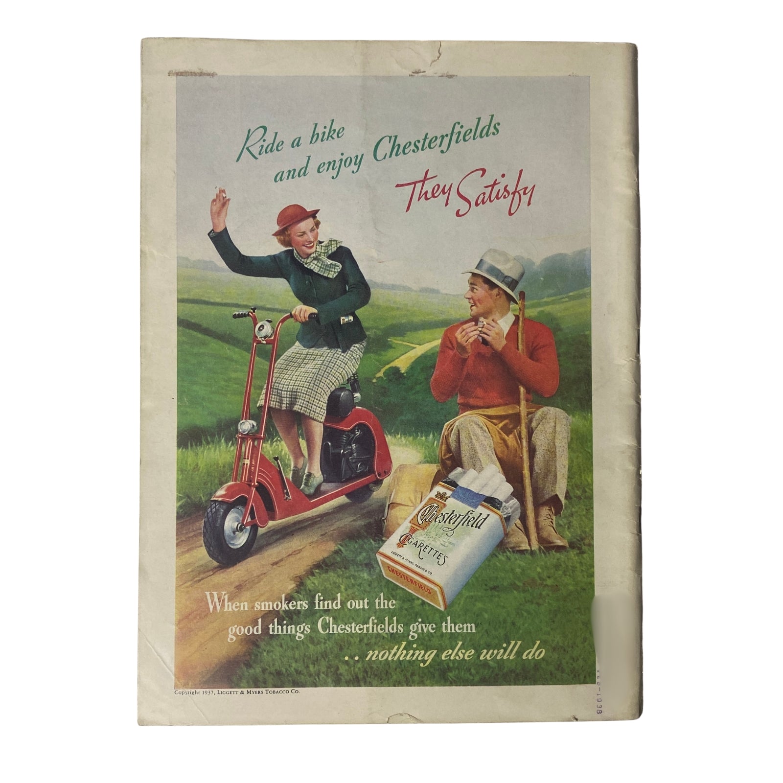 Vintage Chesterfield advertisement showcasing a woman on a scooter and a man seated in a scenic landscape, promoting Chesterfield cigarettes with the tagline 'They Satisfy'.