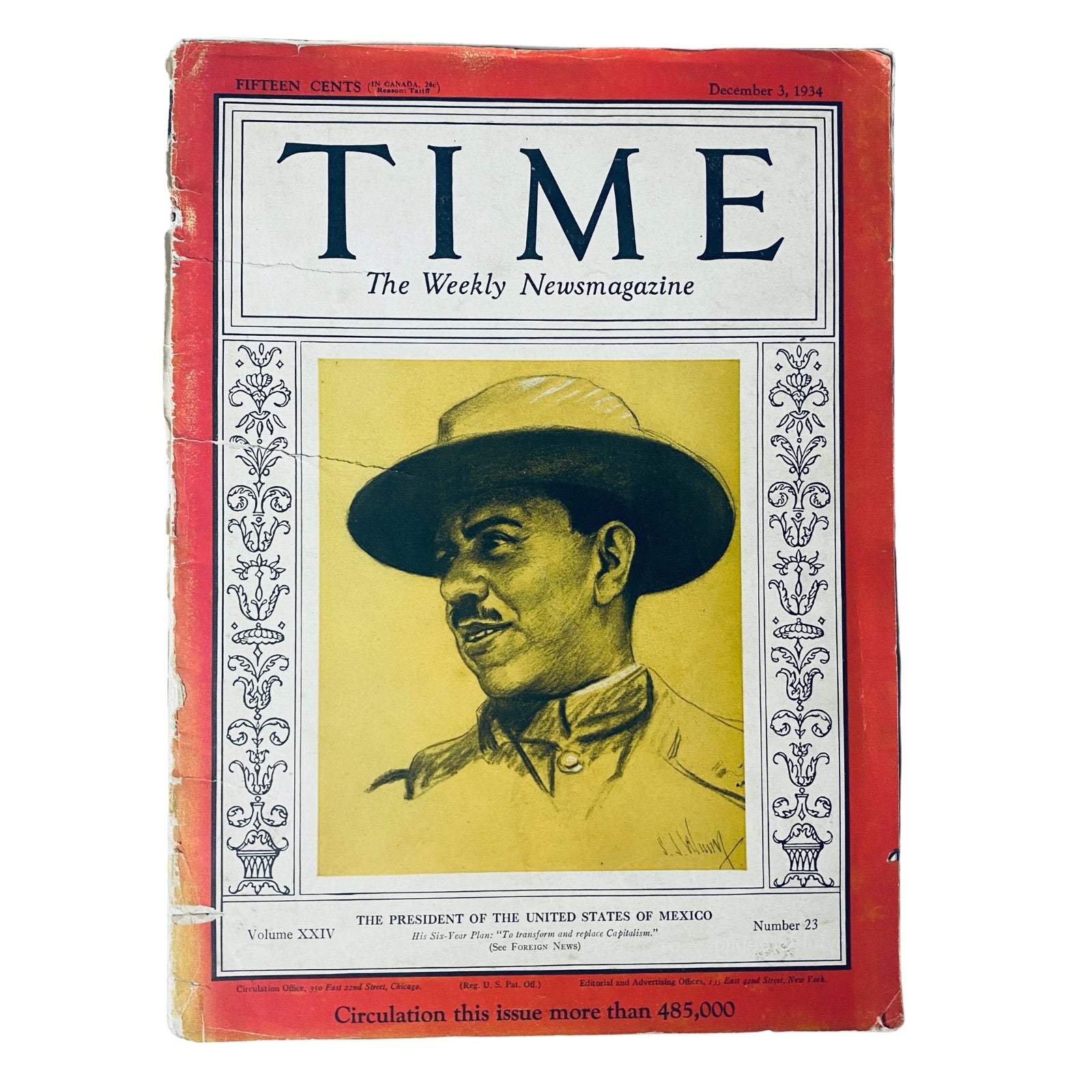 Time Magazine December 3, 1934 Vol 24 No. 23 featuring General Lázaro Cárdenas on the cover, showcasing the historical significance of his presidency in Mexico.