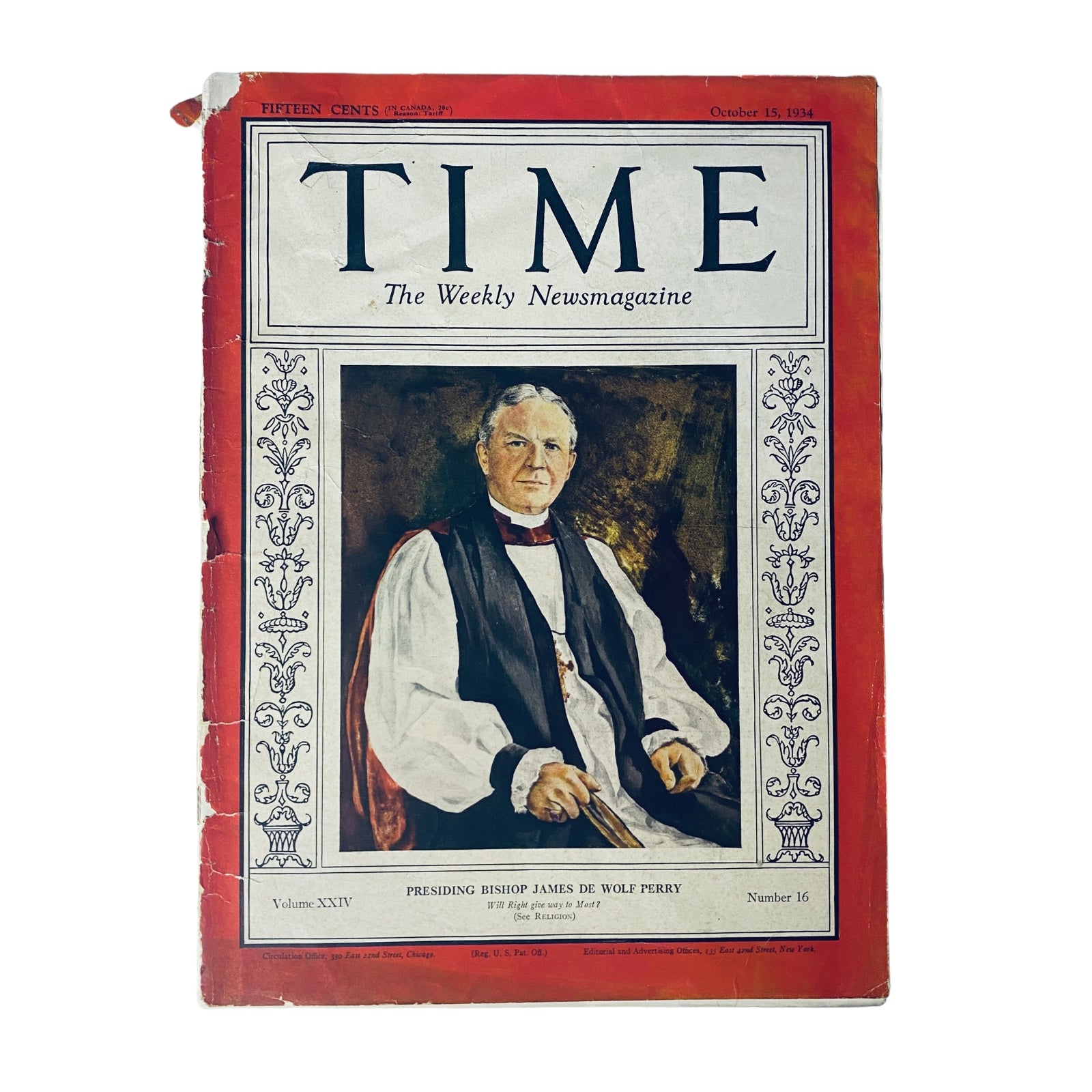 Time Magazine cover from October 15, 1934, featuring Presiding Bishop James De Wolf Perry, historical publication details in upper text.