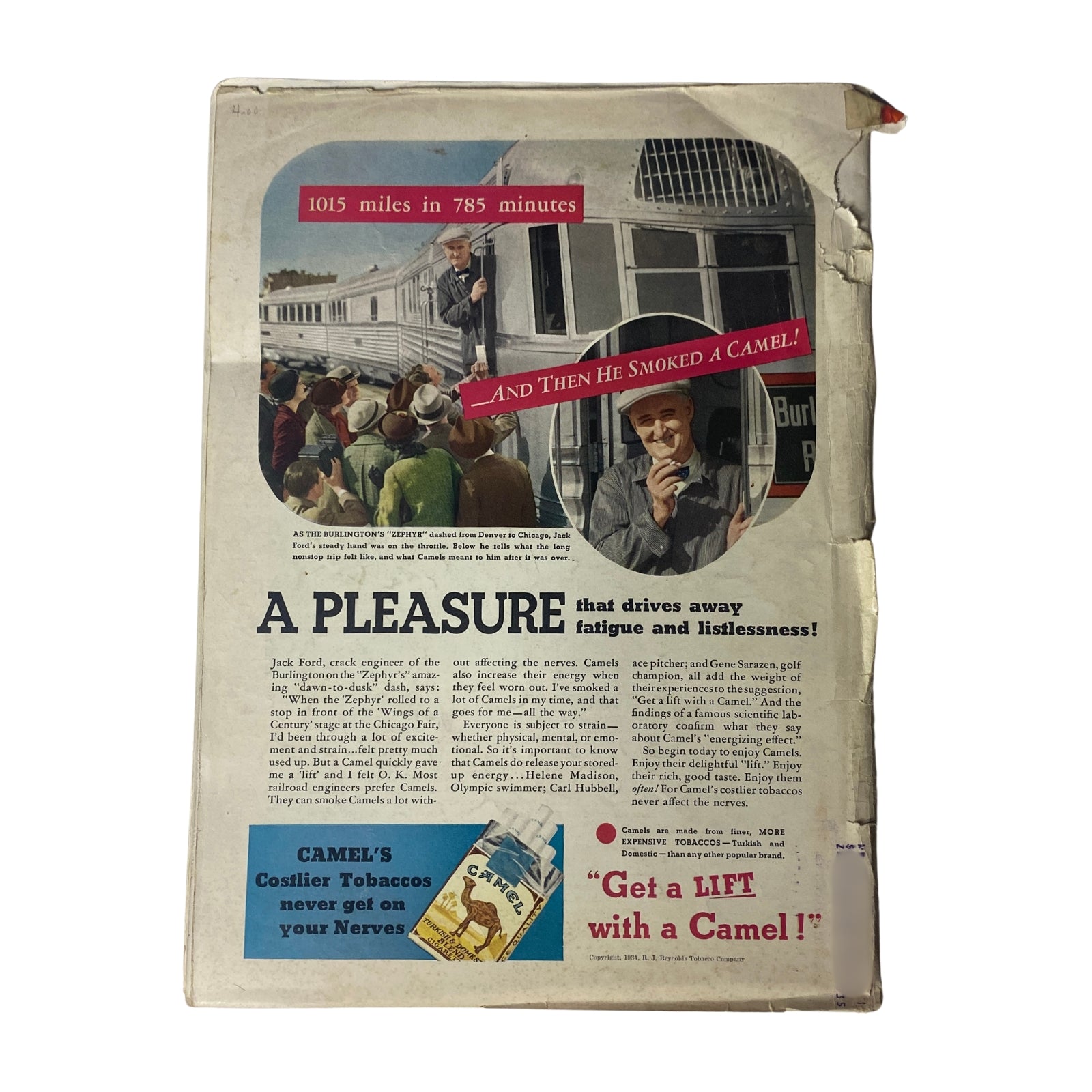 Back cover of the October 15, 1934 Time Magazine, featuring an advertisement for Camel cigarettes and a depiction of 1930s train travel.
