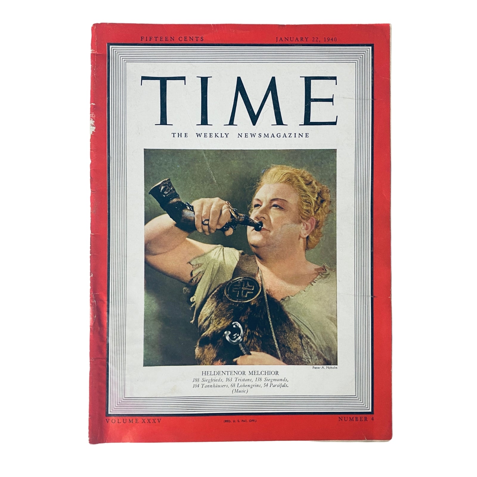Cover of Time Magazine from January 22, 1940, Vol. 35 No. 4 featuring Heldentenor Lauritz Melchior, showcasing his dramatic performance in classical opera.
