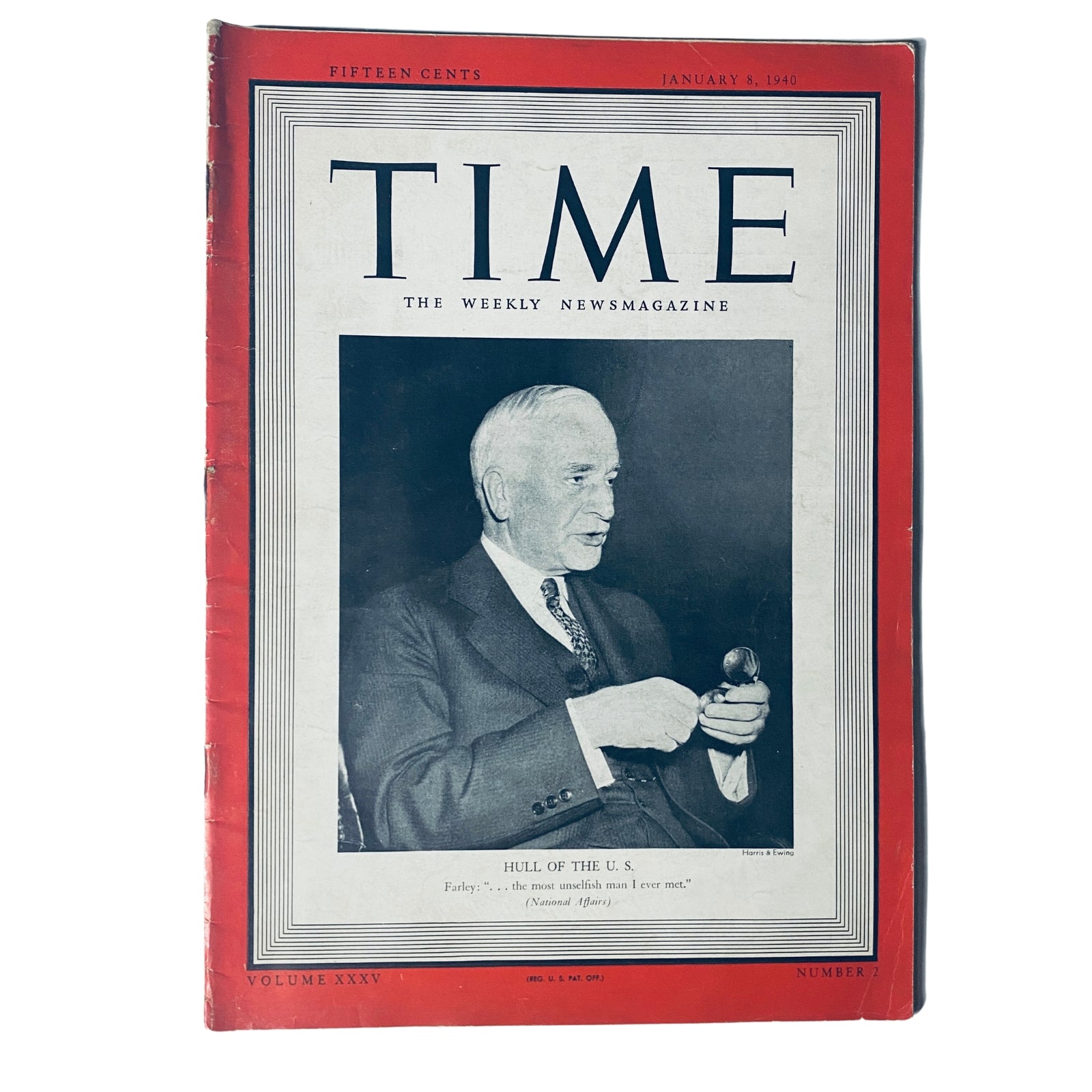 Time Magazine January 8, 1940, Vol. 35 No. 2 featuring Cordell Hull of the U.S., discussing his role in American foreign policy and his contributions to the establishment of the United Nations.