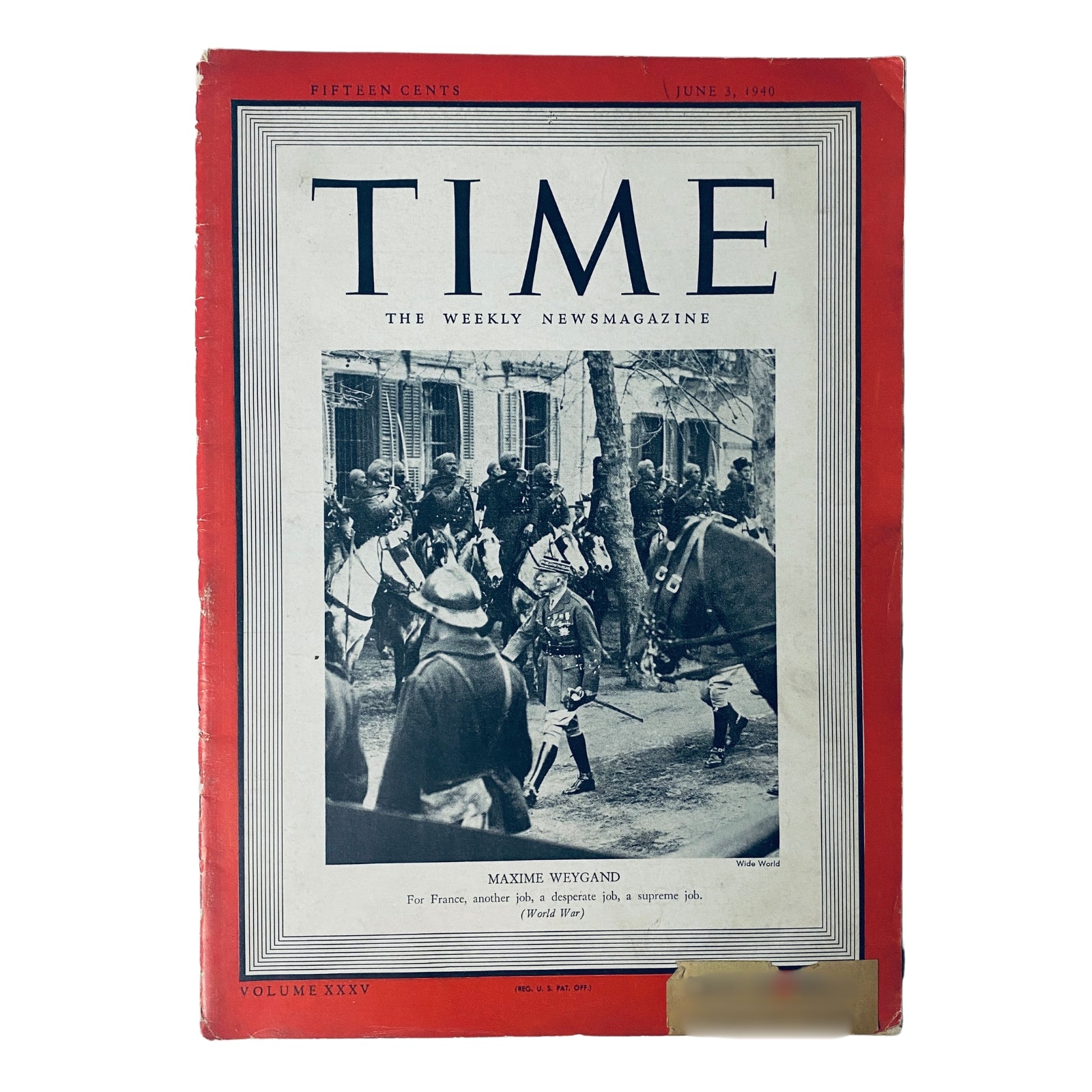 Cover of Time Magazine June 3, 1940, Vol. 35 No. 23 featuring General Maxime Weygand, depicting his military leadership during World War II with a historical photograph.