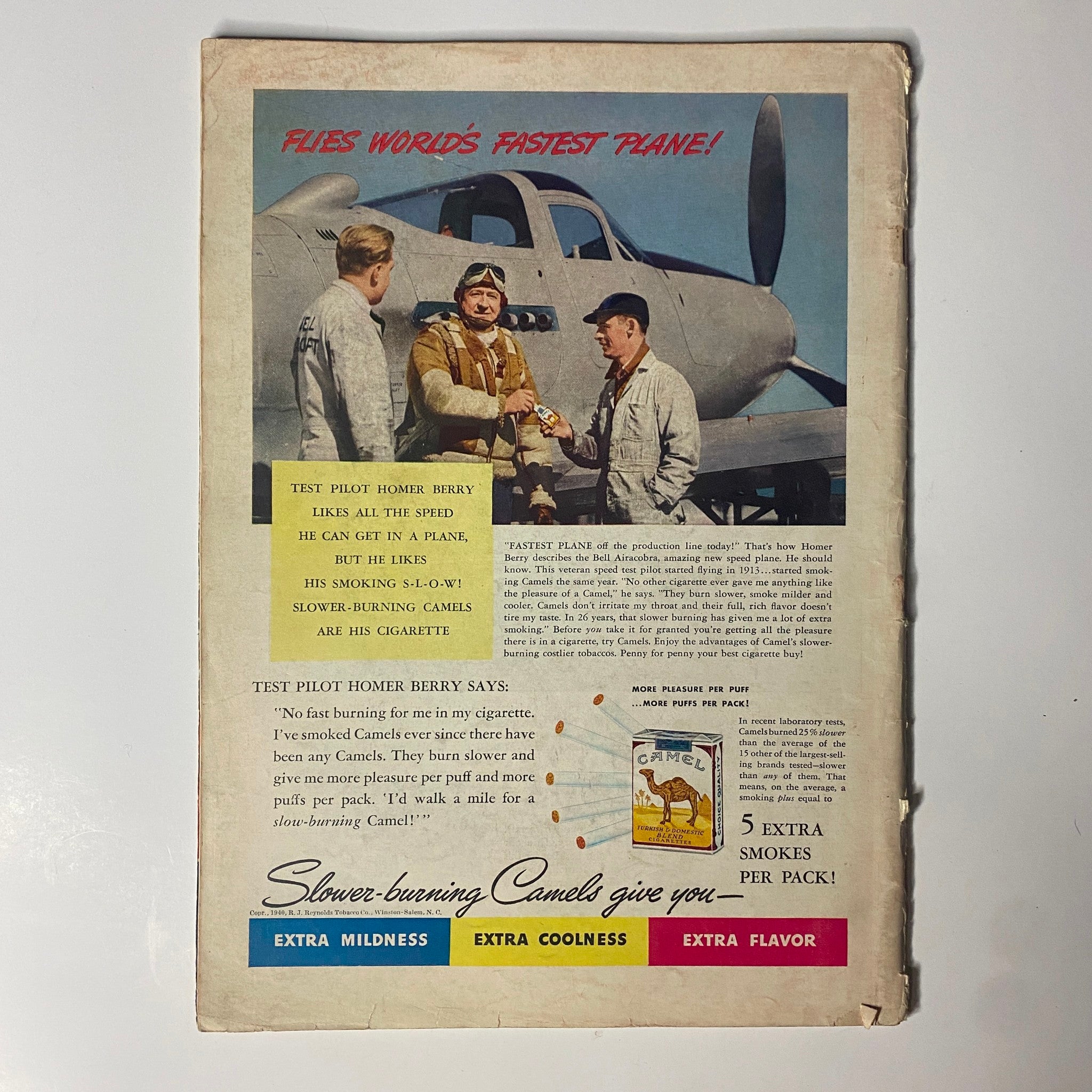 Time Magazine June 3, 1940 - Vol. 35 No. 23 advertisement featuring Test Pilot Homer Berry promoting Camel cigarettes next to a plane, highlighting the benefits of slower-burning cigarettes. This vintage ad captures the essence of wartime aviation and tobacco advertising.
