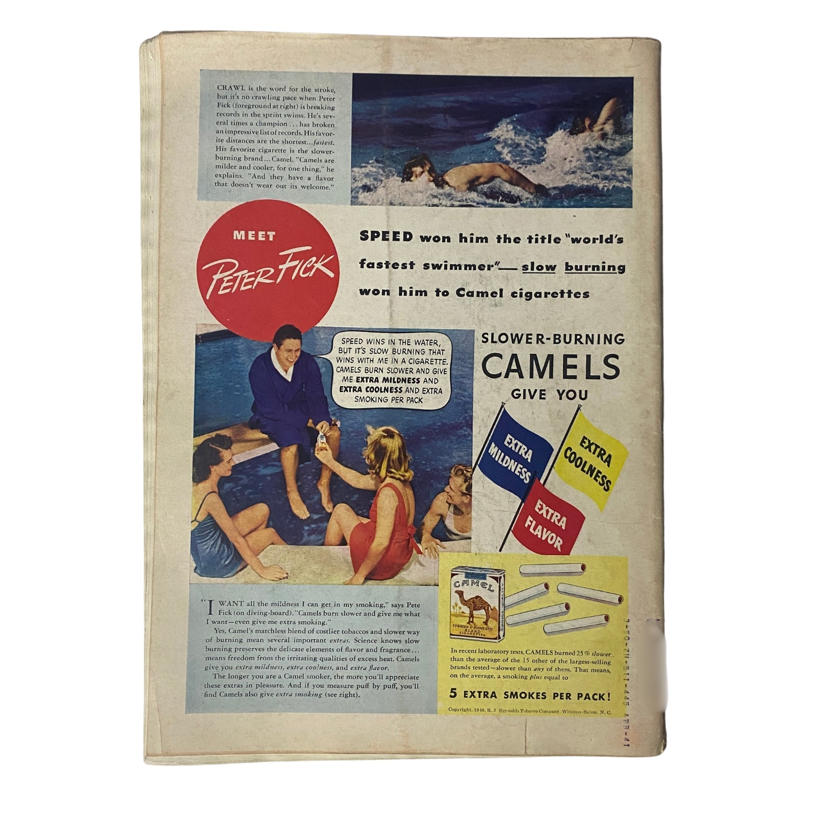 Back cover of Time Magazine from July 1, 1940, featuring an advertisement for Camel cigarettes with a focus on swimmer Peter Fick, promoting the brand's extra mildness and slow-burning qualities.