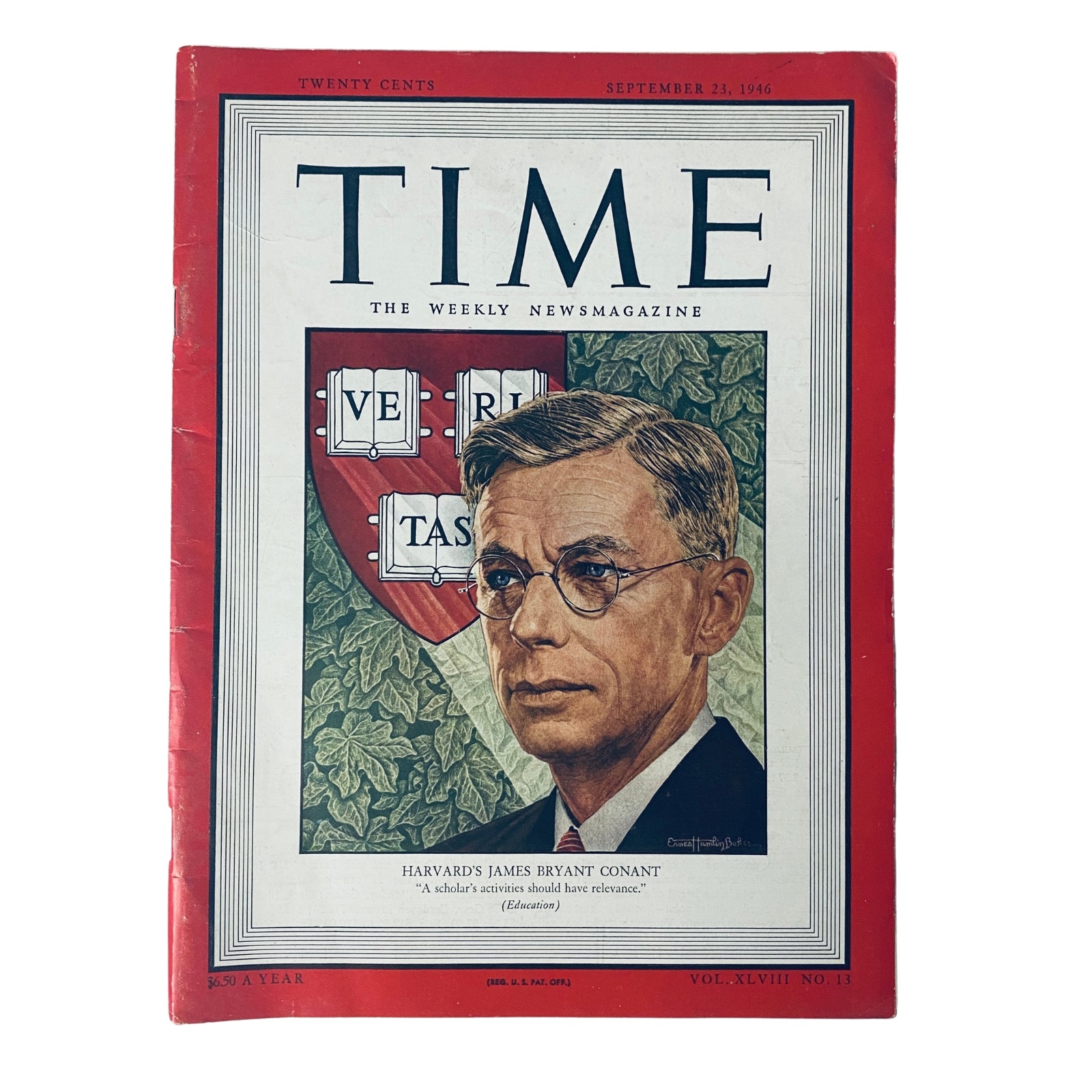 Cover of Time Magazine from September 23, 1946, featuring Harvard's James Bryant Conant. This edition highlights Conant's contributions to American education and post-war scientific policy.