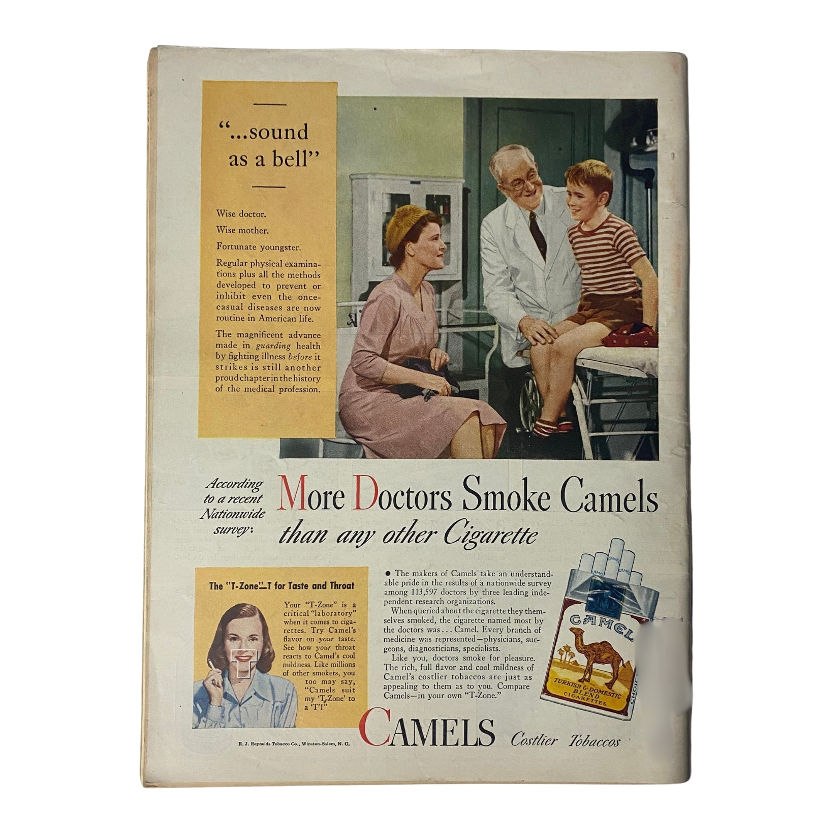 Back cover advertisement from Time Magazine September 23, 1946, promoting Camel cigarettes. The ad features an illustration of a doctor, a mother, and a child, emphasizing the brand's marketing of smoking.