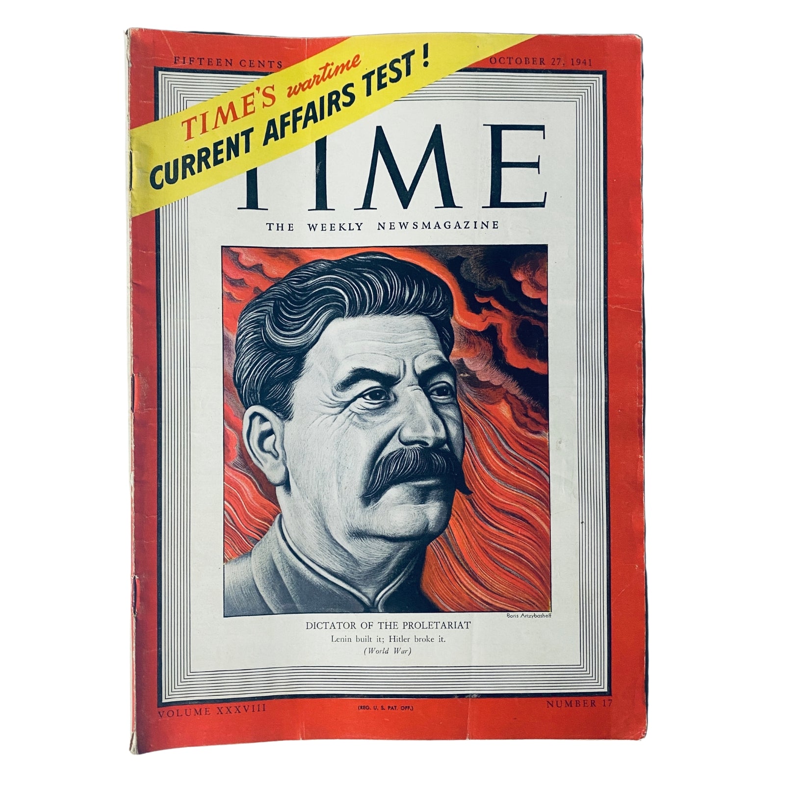 Time Magazine October 27, 1941 Vol 38 No. 17 featuring Joseph Stalin on the cover, depicting Stalin with a serious expression against a dramatic red and black background, highlighting his role during World War II.