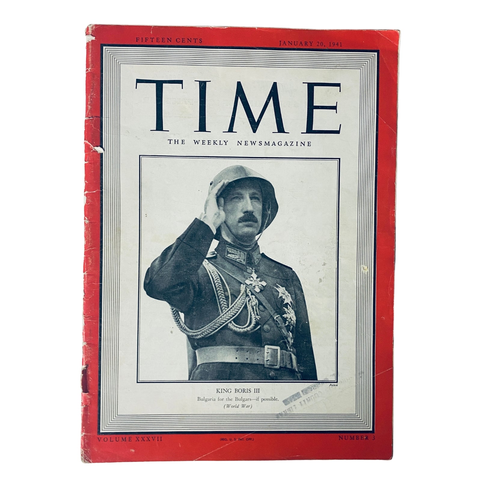 Cover of Time Magazine from January 20, 1941, featuring King Boris III of Bulgaria, Vol. 37 No. 3. The cover includes a photograph of King Boris III saluting, highlighting his leadership during World War II.