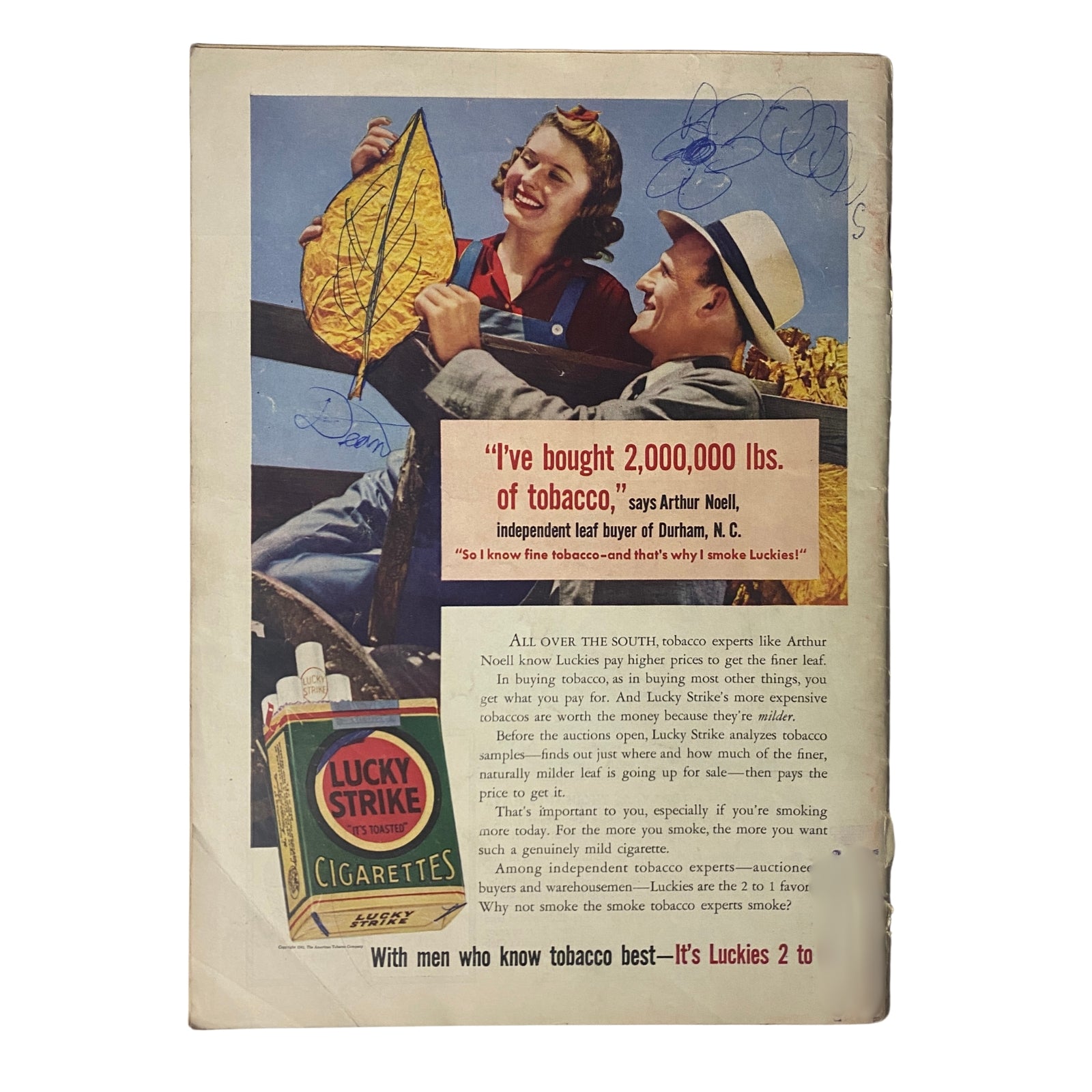 Back cover of Time Magazine January 20, 1941 Vol 37 No. 3 featuring an advertisement for Lucky Strike cigarettes, showcasing a man and woman with tobacco leaves. The cover promotes tobacco expertise and highlights the purchase of two million pounds by independent leaf buyer Arthur Noell.