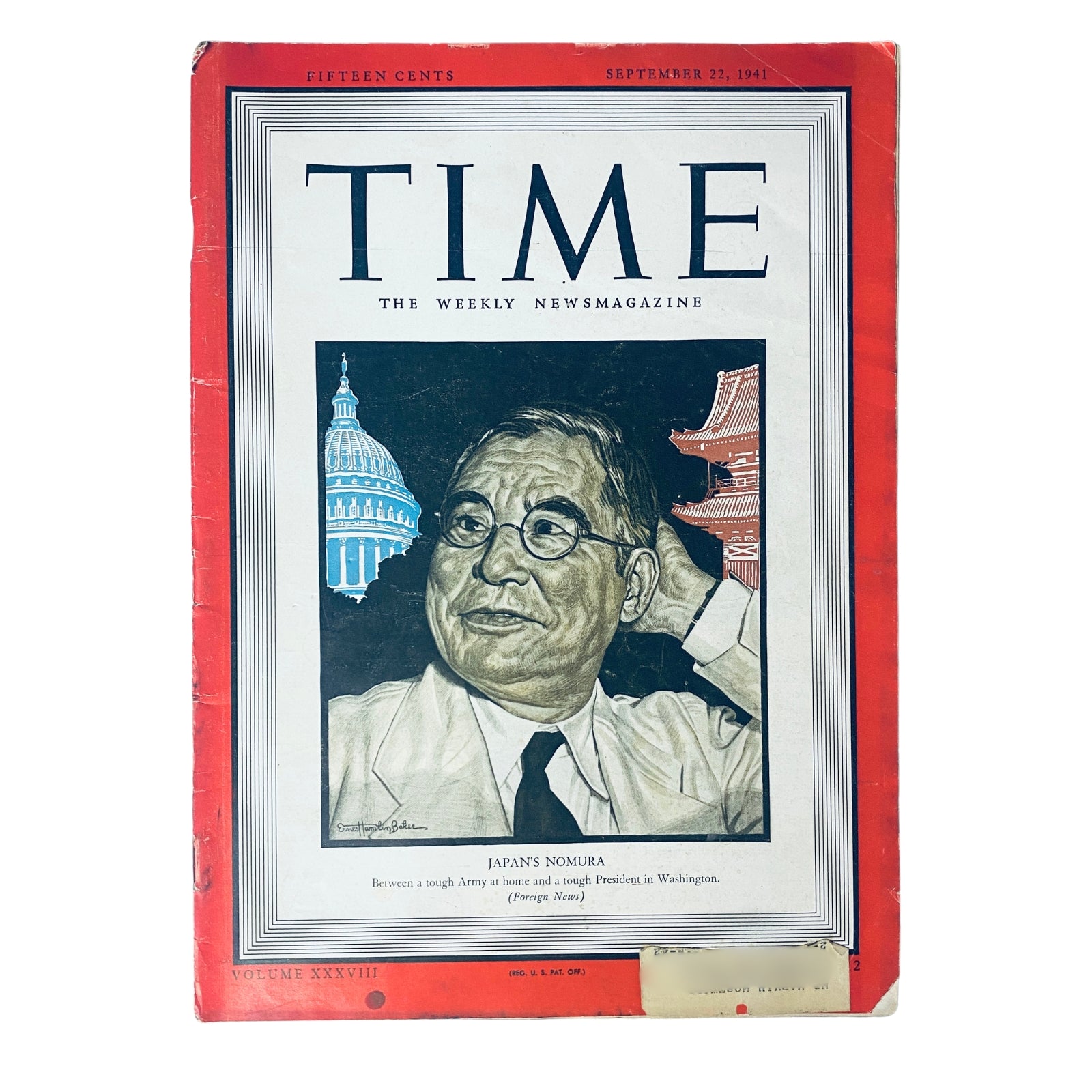 Cover of Time Magazine from September 22, 1941, Vol. 38 No. 12 featuring Japan's Kichisaburō Nomura, depicting his portrait alongside the U.S. Capitol and a traditional Japanese building, symbolizing the tense diplomatic relations before World War II.