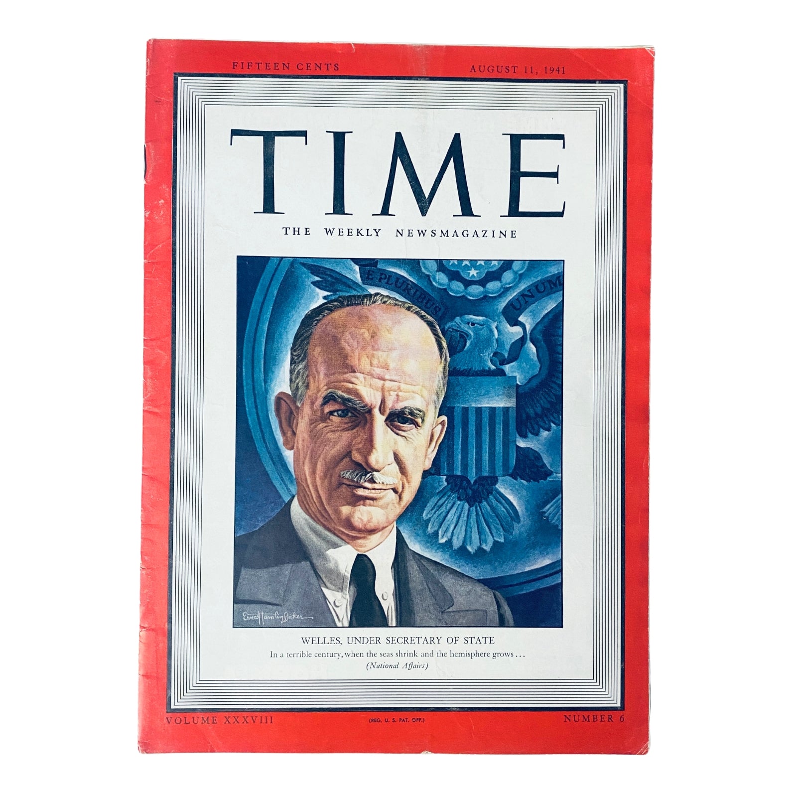 Time Magazine cover from August 11, 1941, featuring Sumner Welles, Under Secretary of State. The magazine's title is prominently displayed with a red border, and Welles is depicted with a serious expression against a background featuring the U.S. emblem.