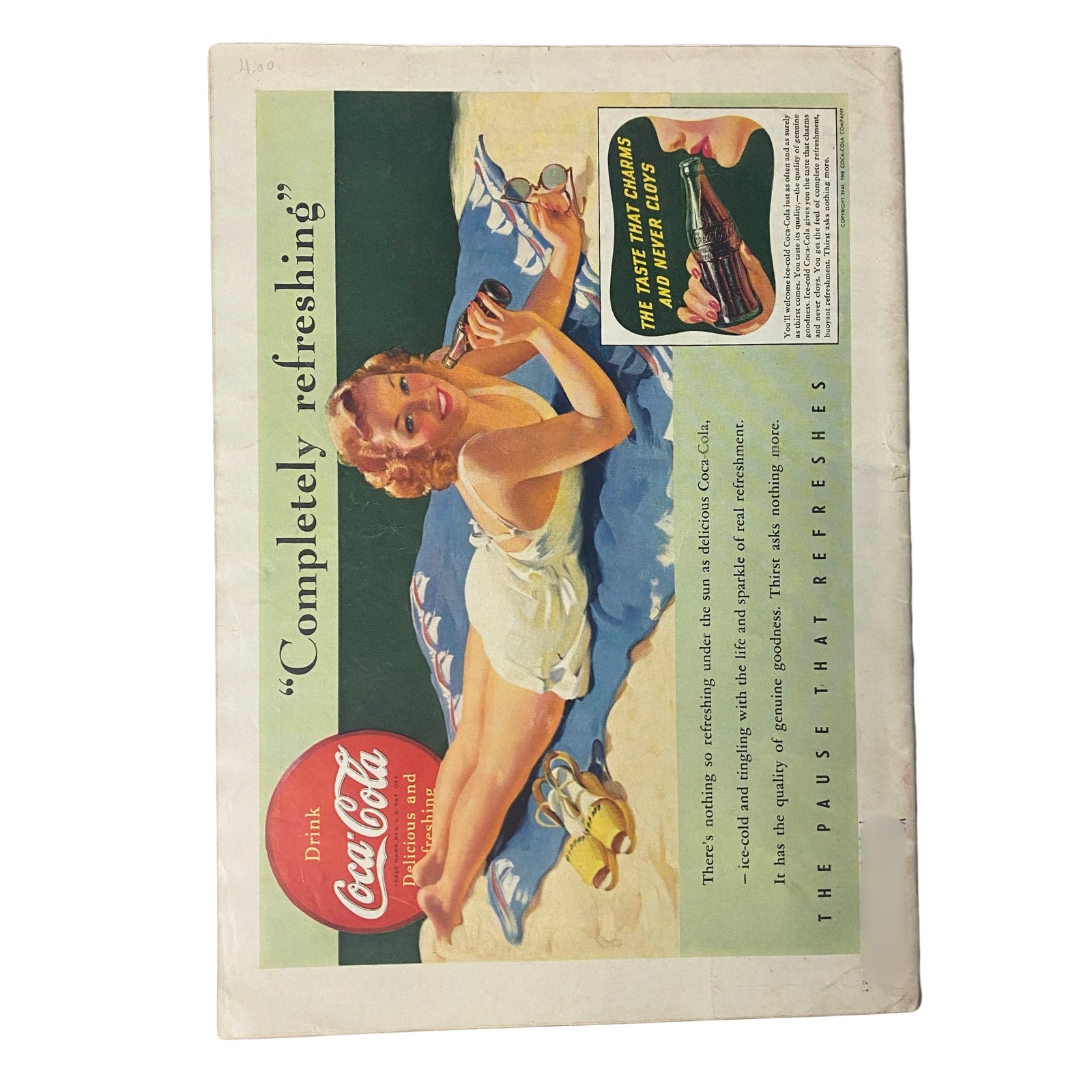 Advertisement on the back cover of Time Magazine, August 11, 1941, promoting Coca-Cola with the slogan 'Completely refreshing.' The image features a woman lounging on the beach, enjoying a refreshing drink, highlighting vintage marketing aesthetics.
