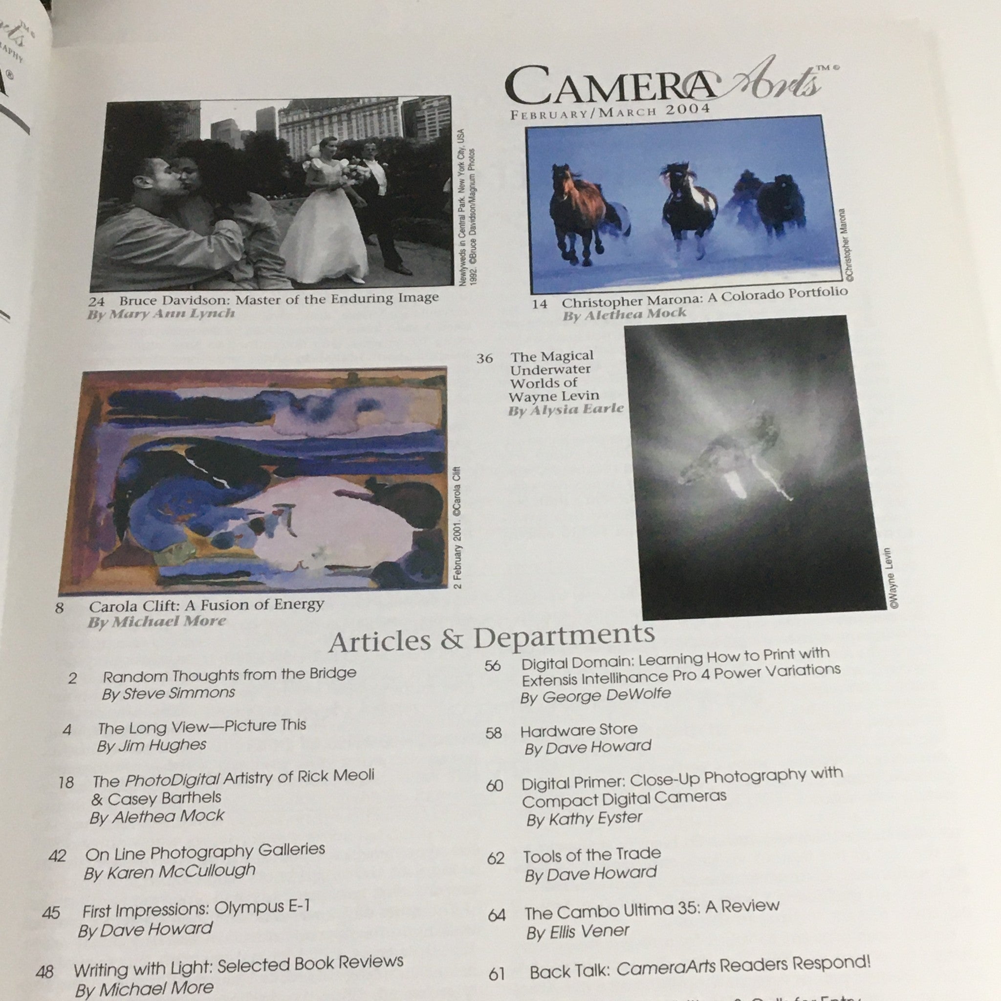 Contents page of Camera Arts Magazine February 2004, listing articles and features including Bruce Davidson, Christopher Marona, and Wayne Levin.
