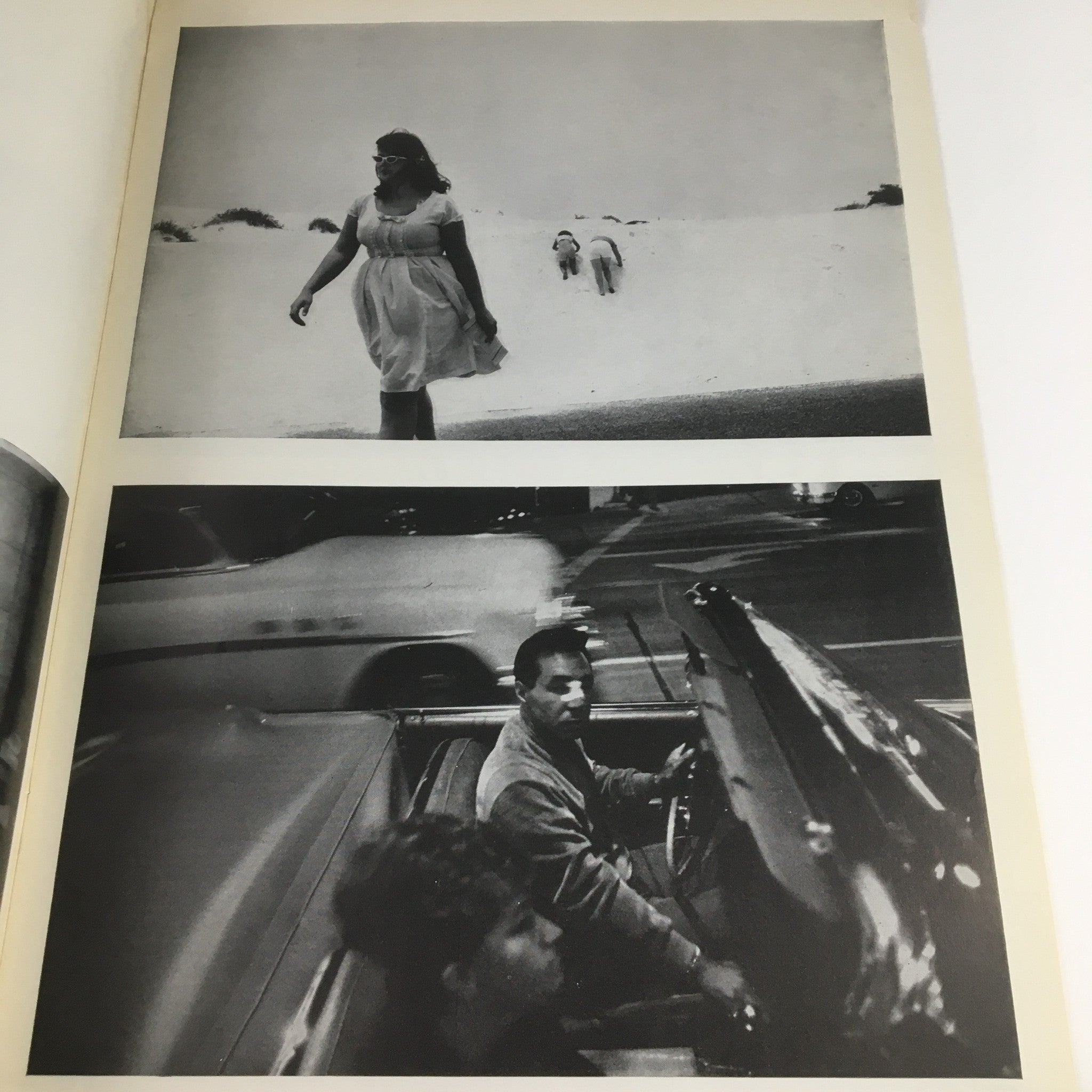 Inside pages of Creative Camera Magazine August 1969 showcasing Gary Winogrand's photography, featuring two images: a woman on a beach and a man in a car.