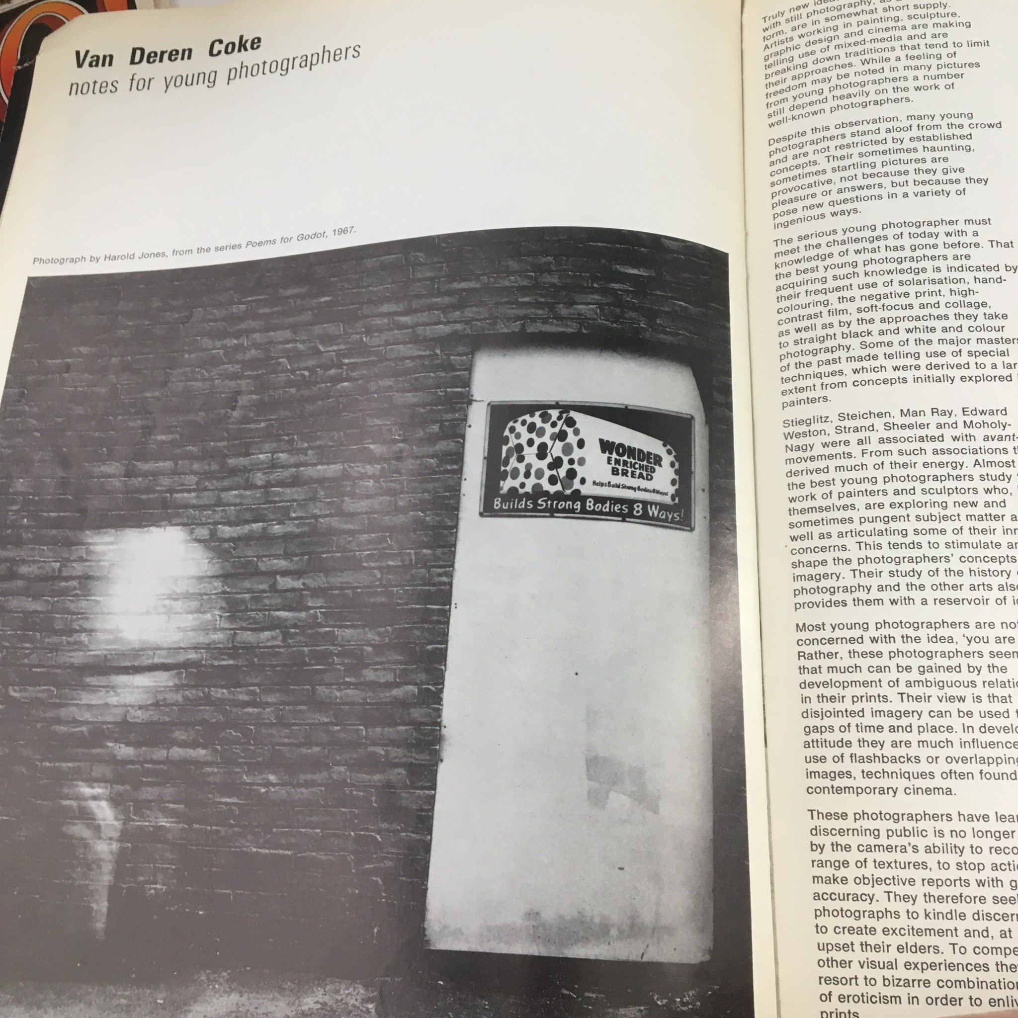 Page from Creative Camera Magazine August 1969 with notes for young photographers by Van Deren Coke, showcasing a thought-provoking image.