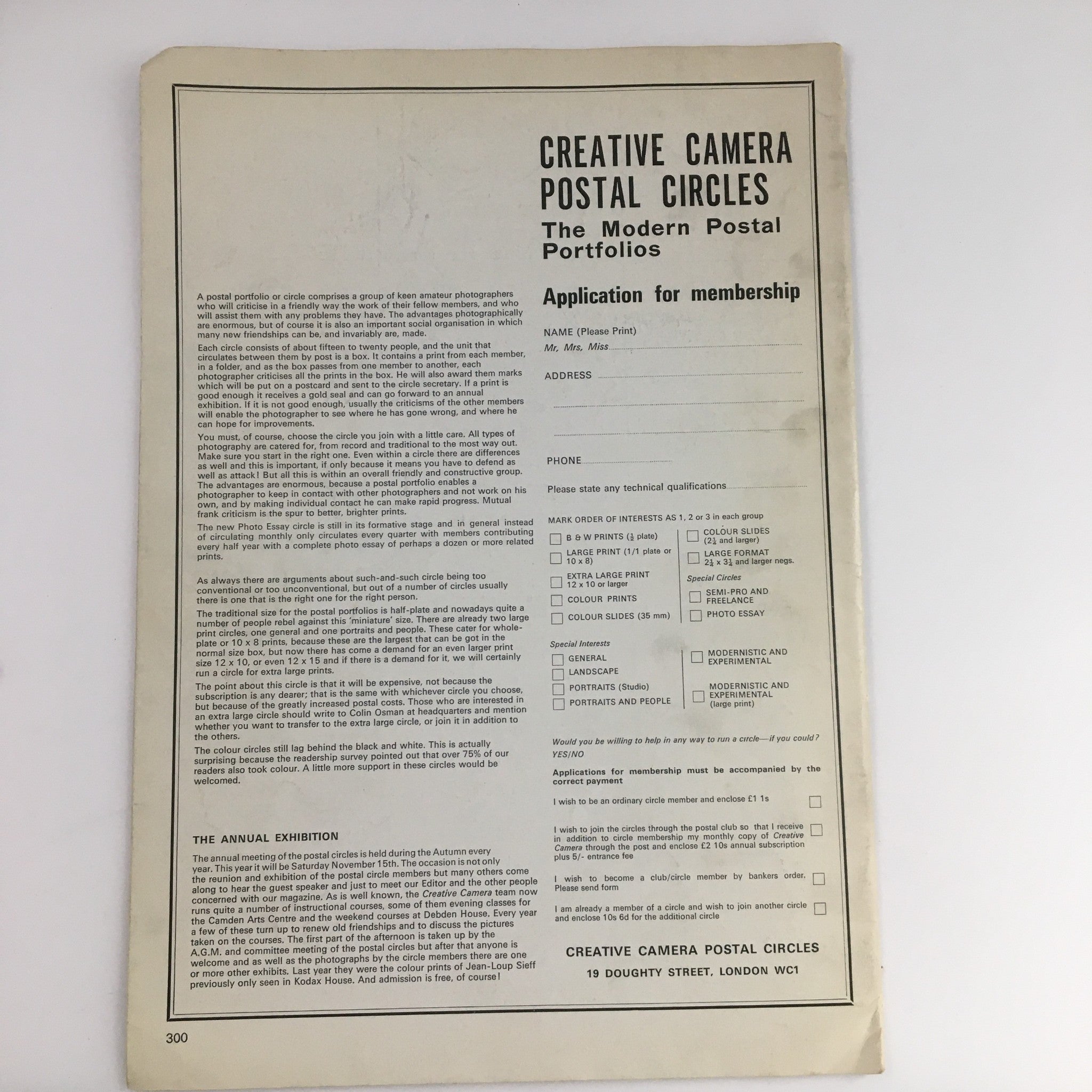 Back page of Creative Camera Magazine August 1969 detailing postal circles application form for photographers, related to Gary Winogrand's portfolio.
