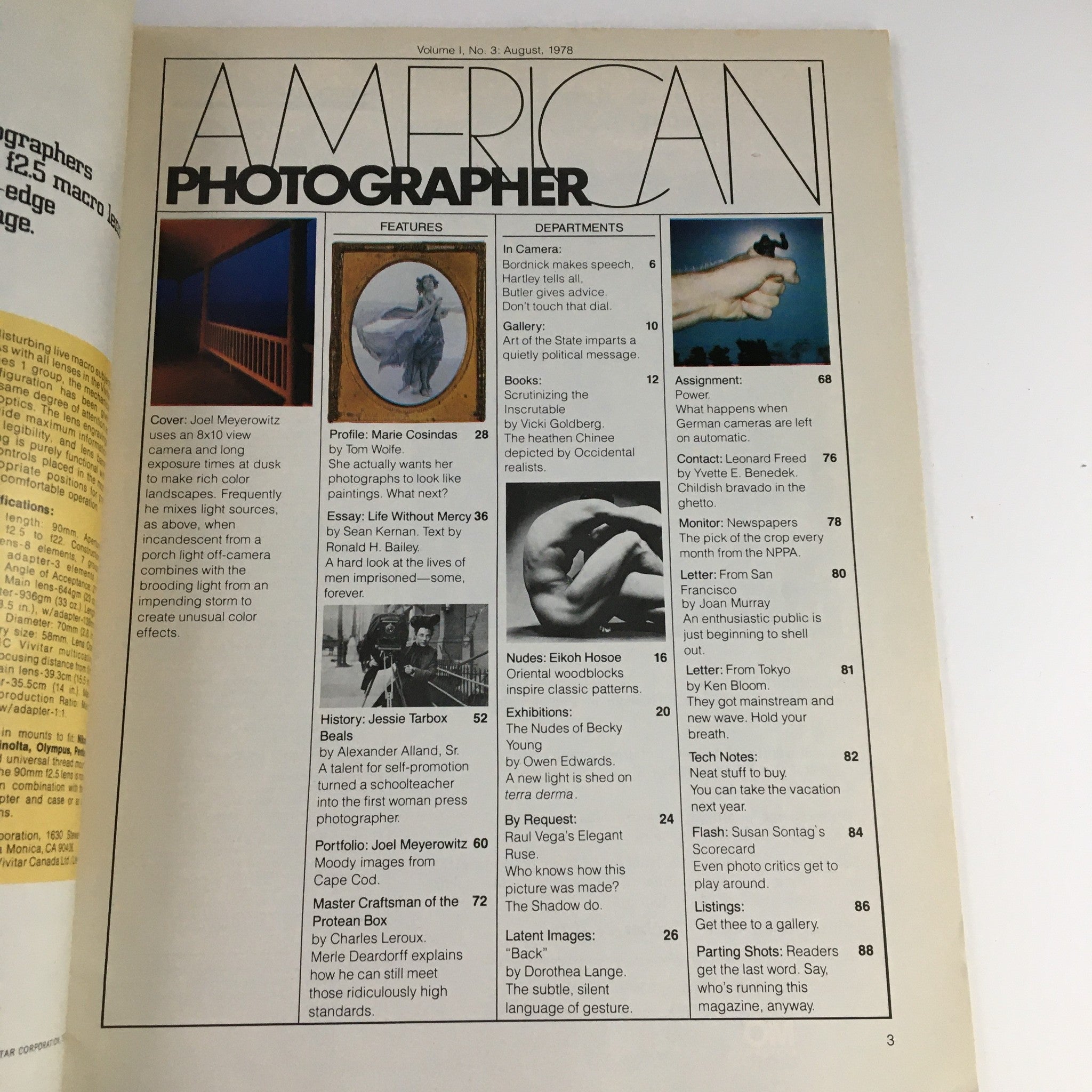 Table of contents from American Photographer Magazine, August 1978, showcasing features including an article on Joel Meyerowitz and various photography topics.