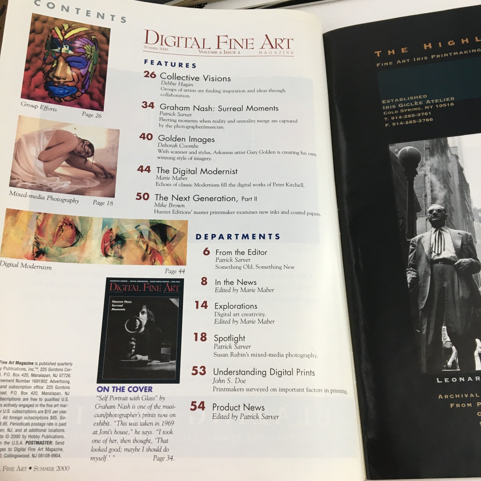 Table of contents page from Digital Fine Art Magazine Summer 2000, outlining articles and features including Graham Nash's Surreal Moments. Highlights various sections such as Collective Visions and Digital Modernism, indicative of the magazine's rich content.