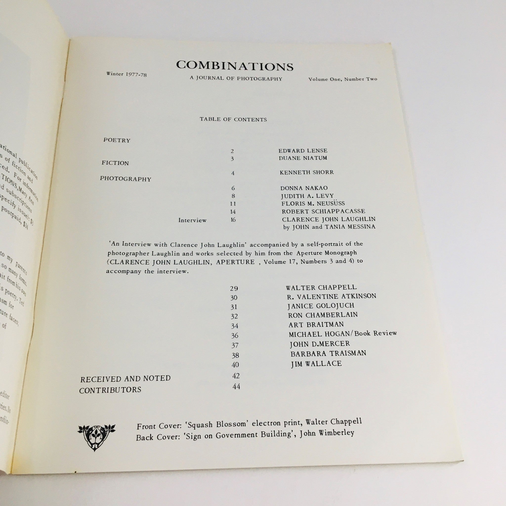 Table of contents from Combinations Winter 1977 Vol 1 #2 A Journal of Photography, detailing sections on poetry, fiction, and photography, showcasing the journal's diverse content.