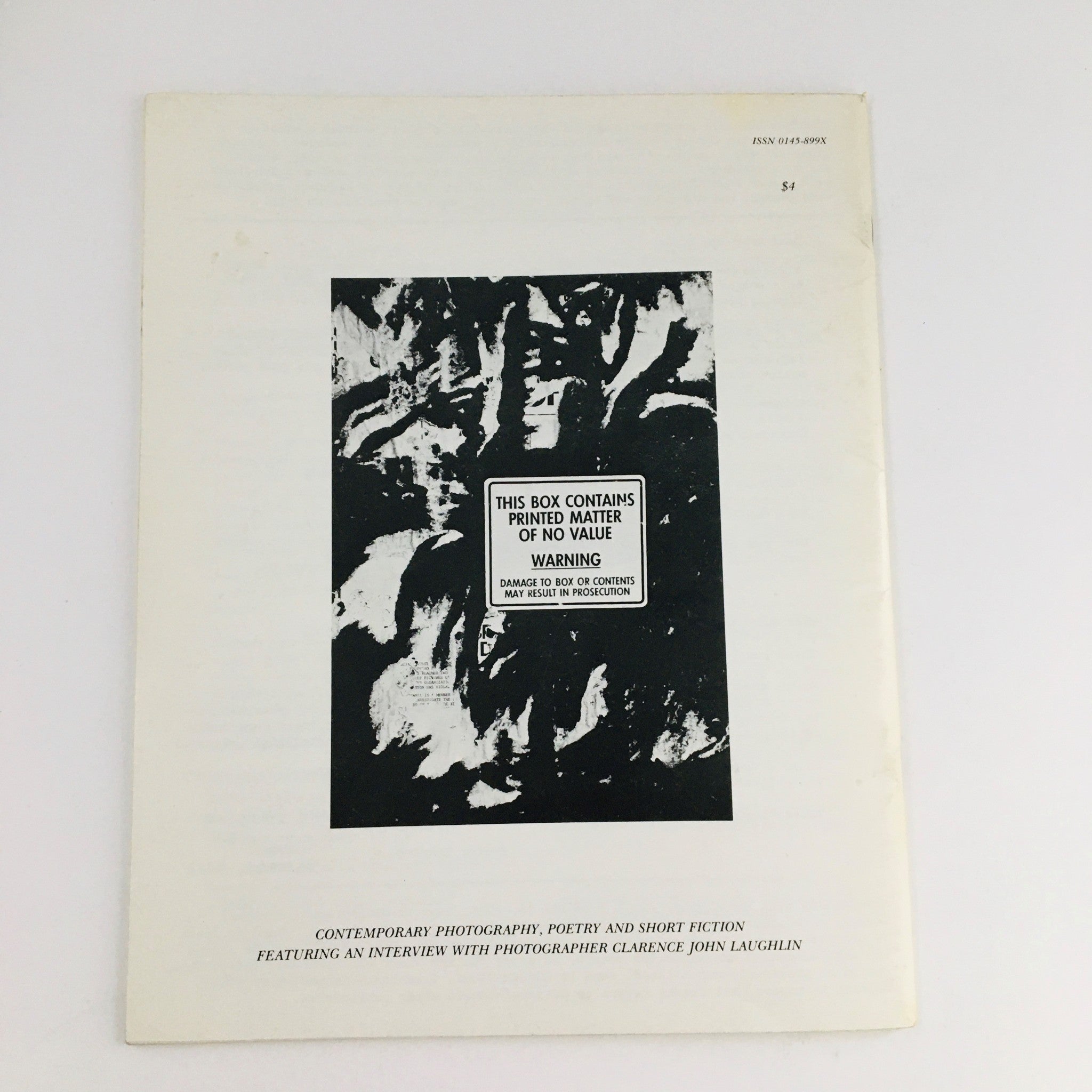Back cover of Combinations Winter 1977 Vol 1 #2, featuring a bold graphic design with a warning label about printed matter.